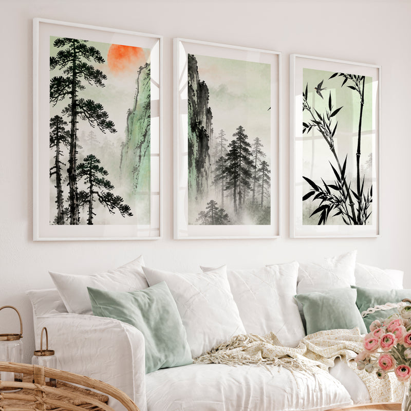 Bamboo Mountain Vista in japandi design style - White Framed Poster with White Border - Artworksets