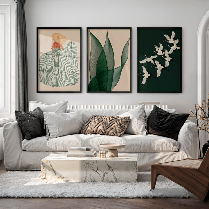 Cranes in Flight japandi design style Triptych - Black Framed Poster No Border - Artworksets
