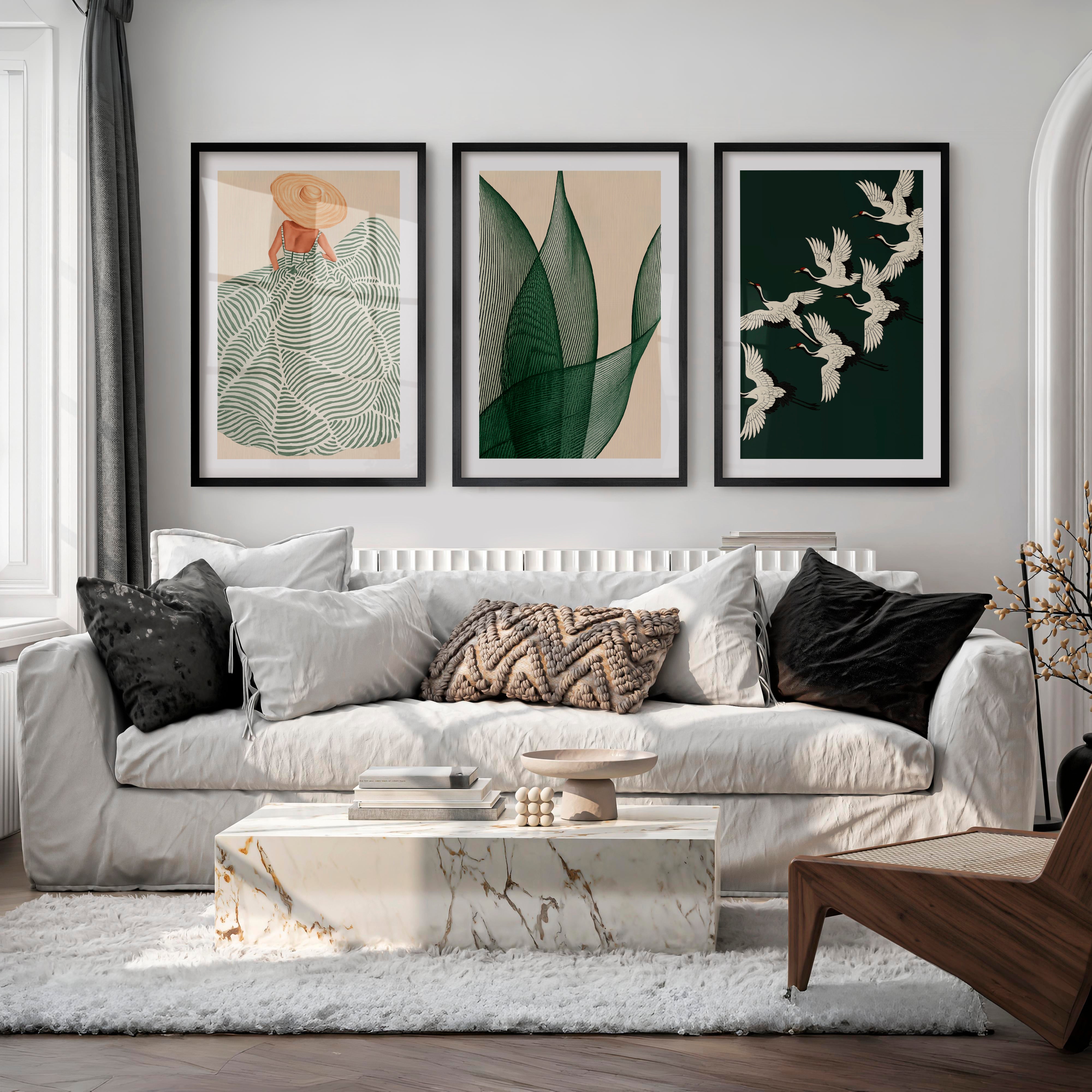 Cranes in Flight japandi design style Triptych - Black Framed Poster with White Border - Artworksets