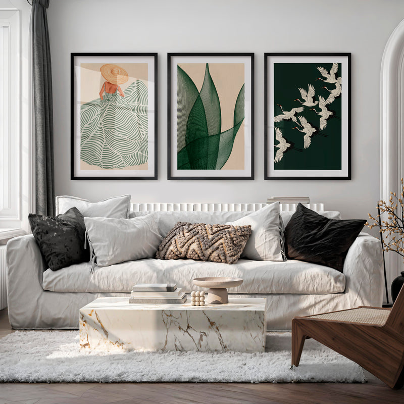 Cranes in Flight japandi design style Triptych - Black Framed Poster with White Border - Artworksets