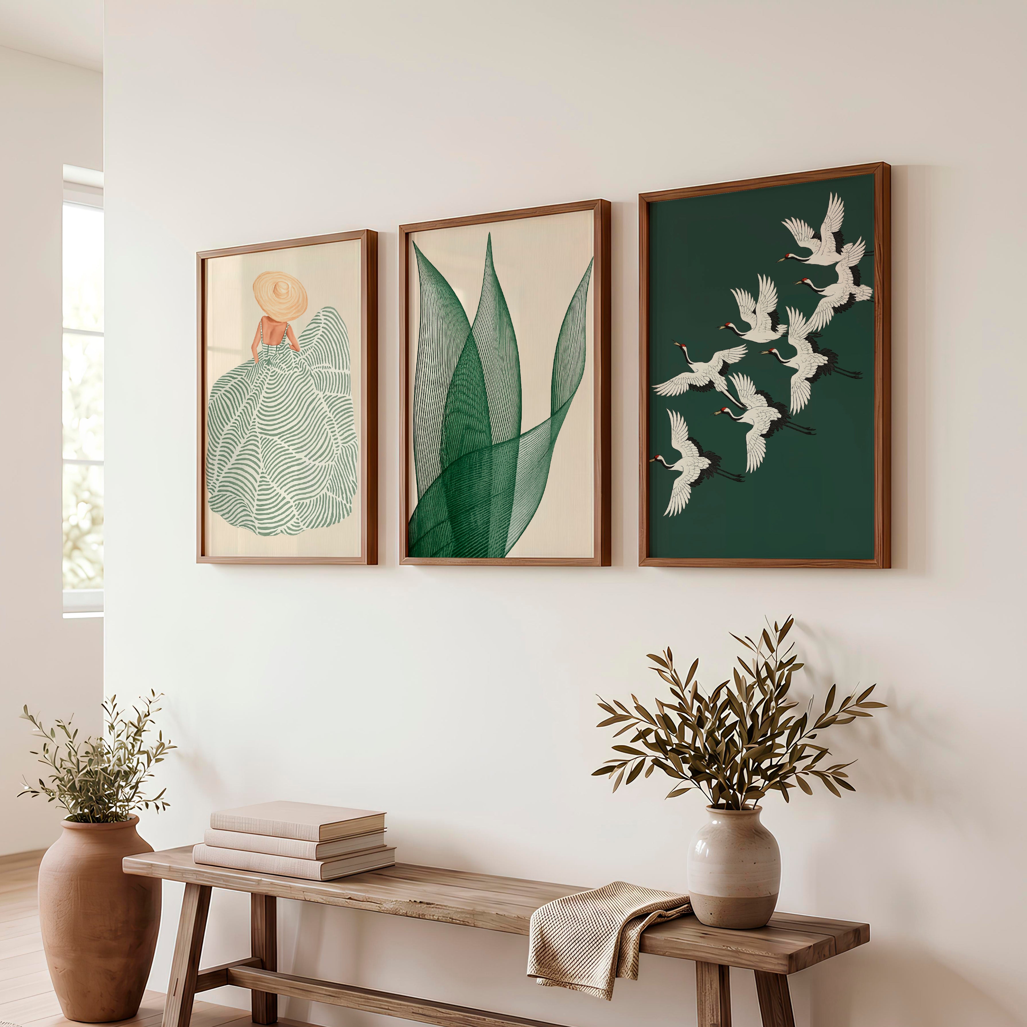 Cranes in Flight japandi design style Triptych - Dark Brown Framed Poster No Border - Artworksets