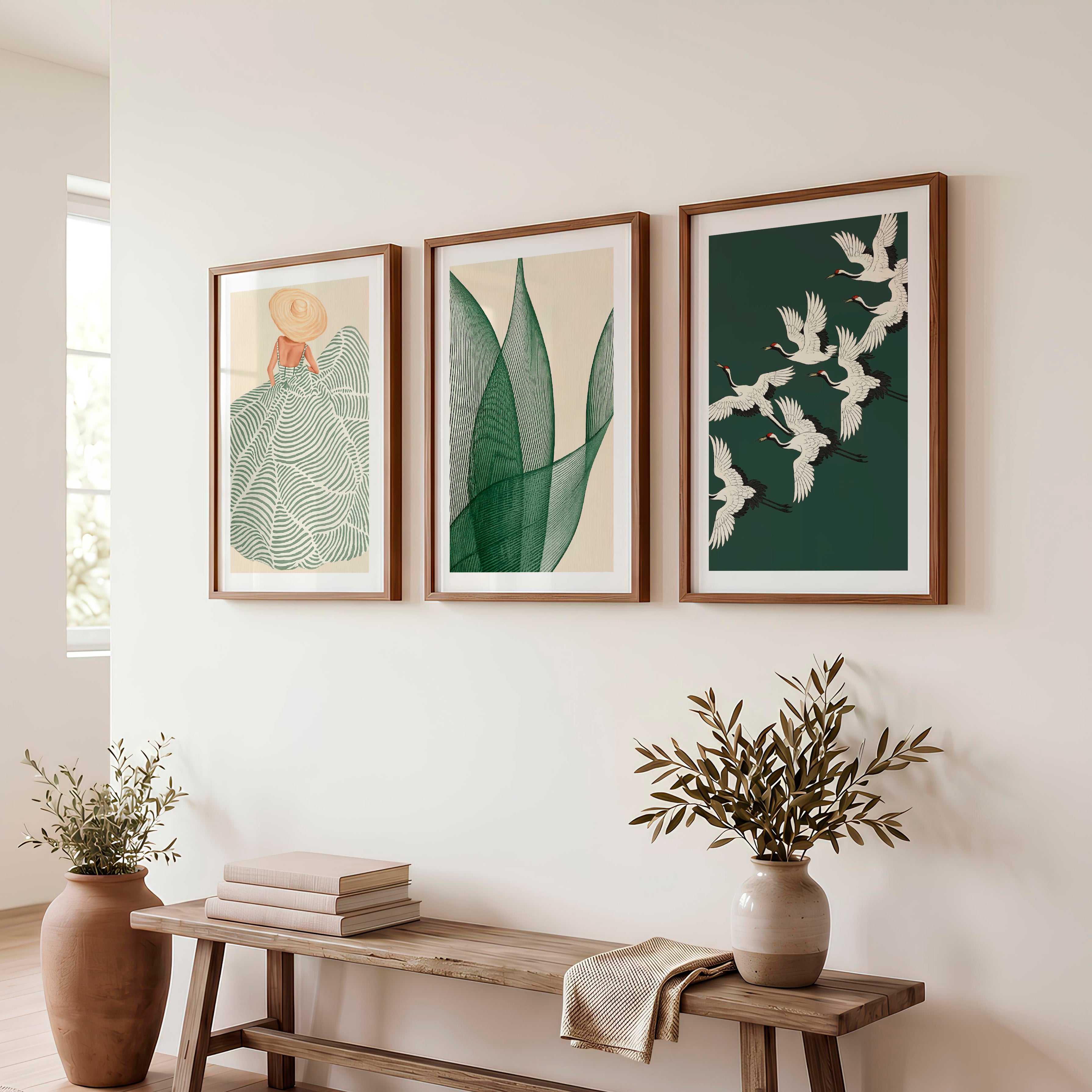 Cranes in Flight japandi design style Triptych - Dark Brown Framed Poster with White Border - Artworksets
