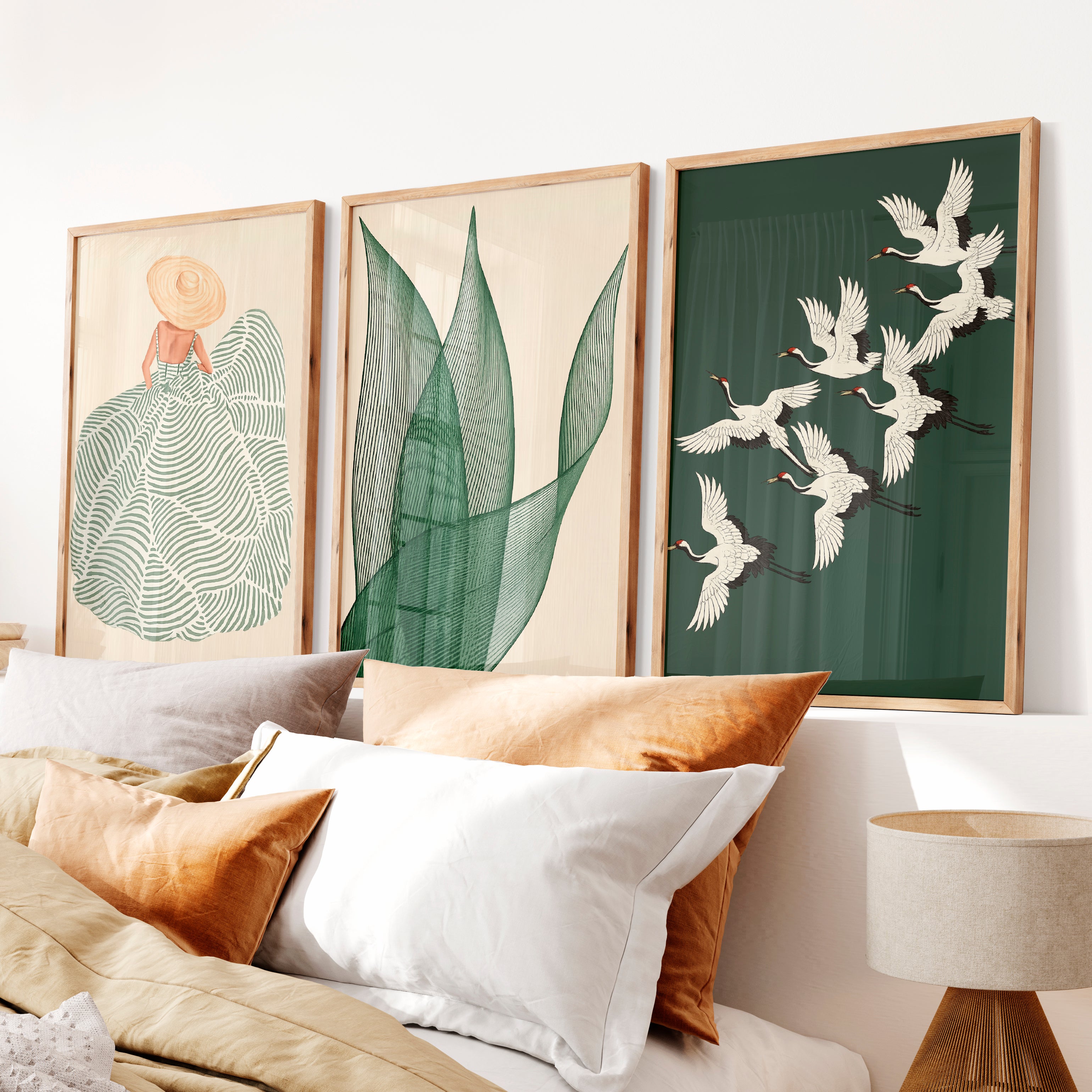 Cranes in Flight japandi design style Triptych - Natural Wood Framed Poster No Border - Artworksets