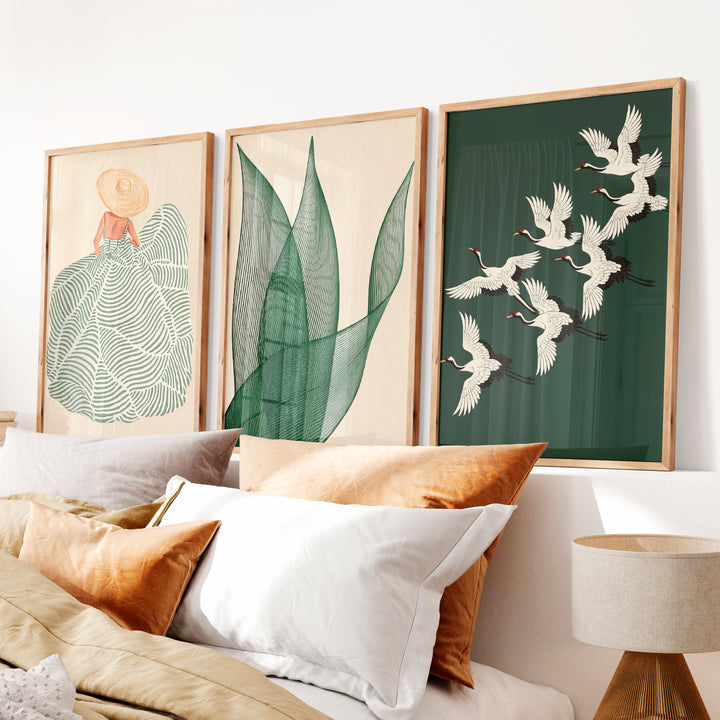 Cranes in Flight japandi design style Triptych - Natural Wood Framed Poster No Border - Artworksets