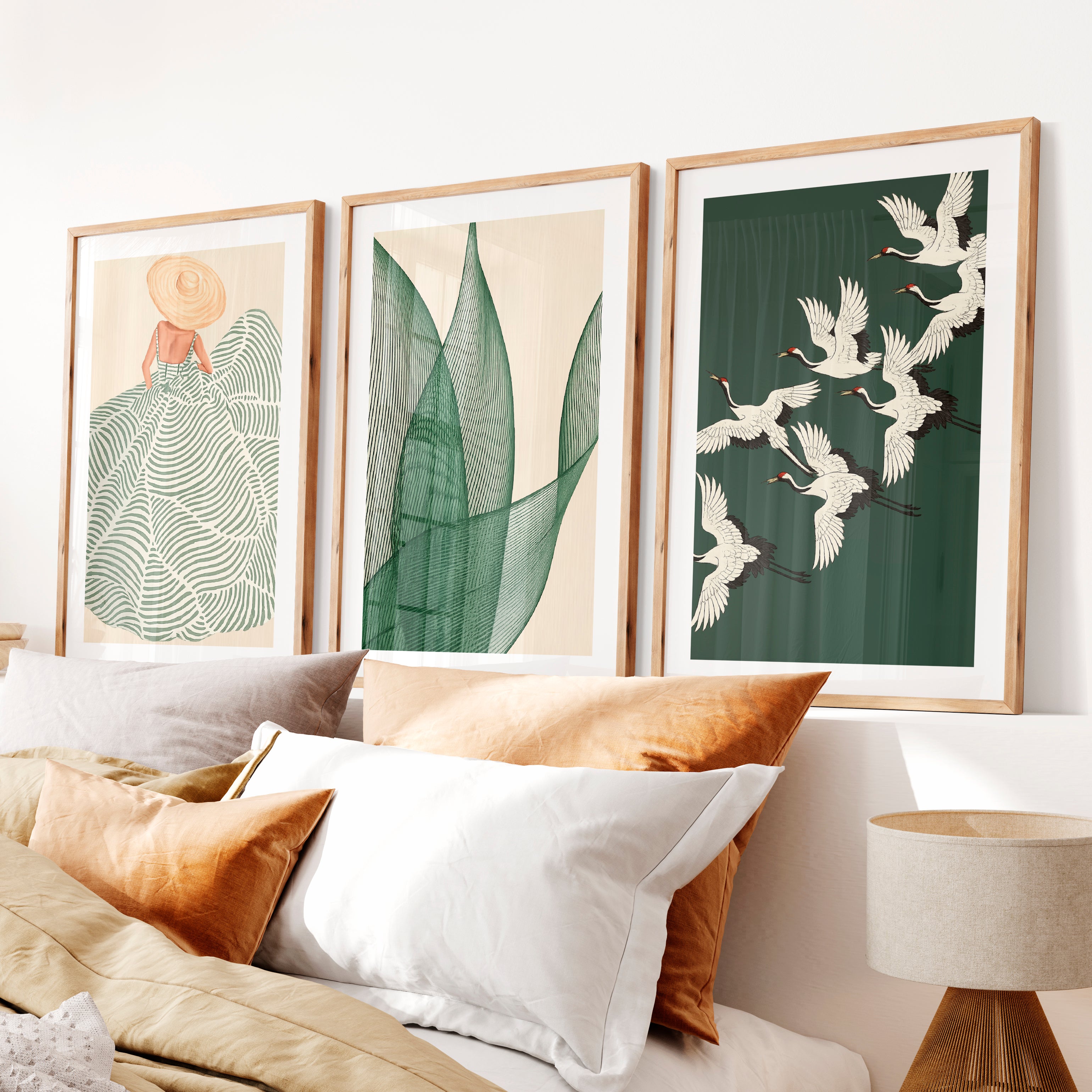 Cranes in Flight japandi design style Triptych- Natural Wood Framed Poster with White Border - Artworksets