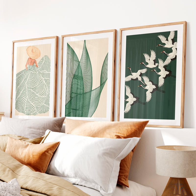 Cranes in Flight japandi design style Triptych- Natural Wood Framed Poster with White Border - Artworksets