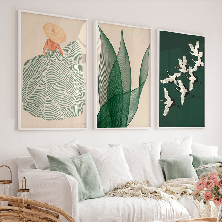 Cranes in Flight japandi design style Triptych - White Framed Poster No Border - Artworksets