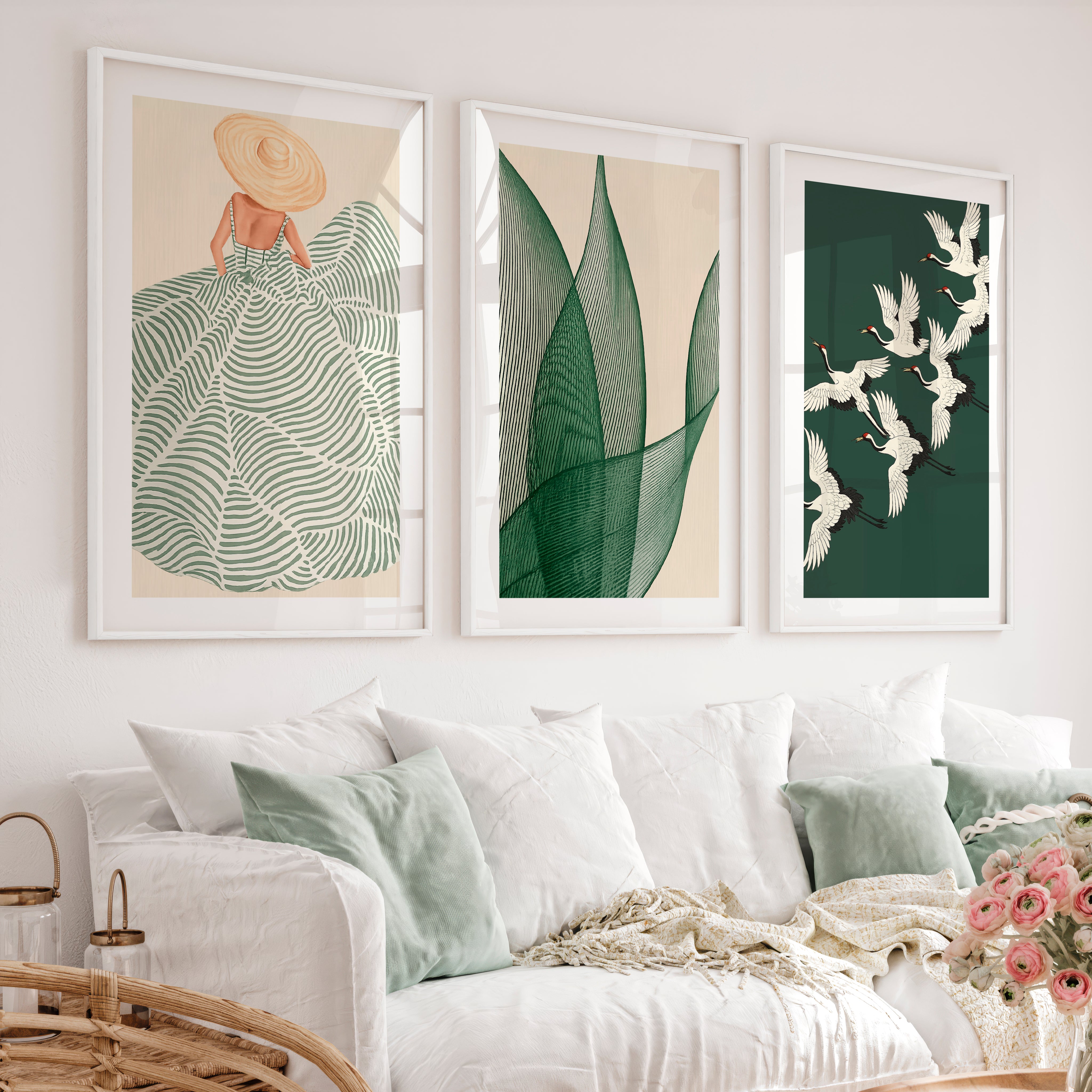 Cranes in Flight japandi design style Triptych - White Framed Poster with White Border - Artworksets