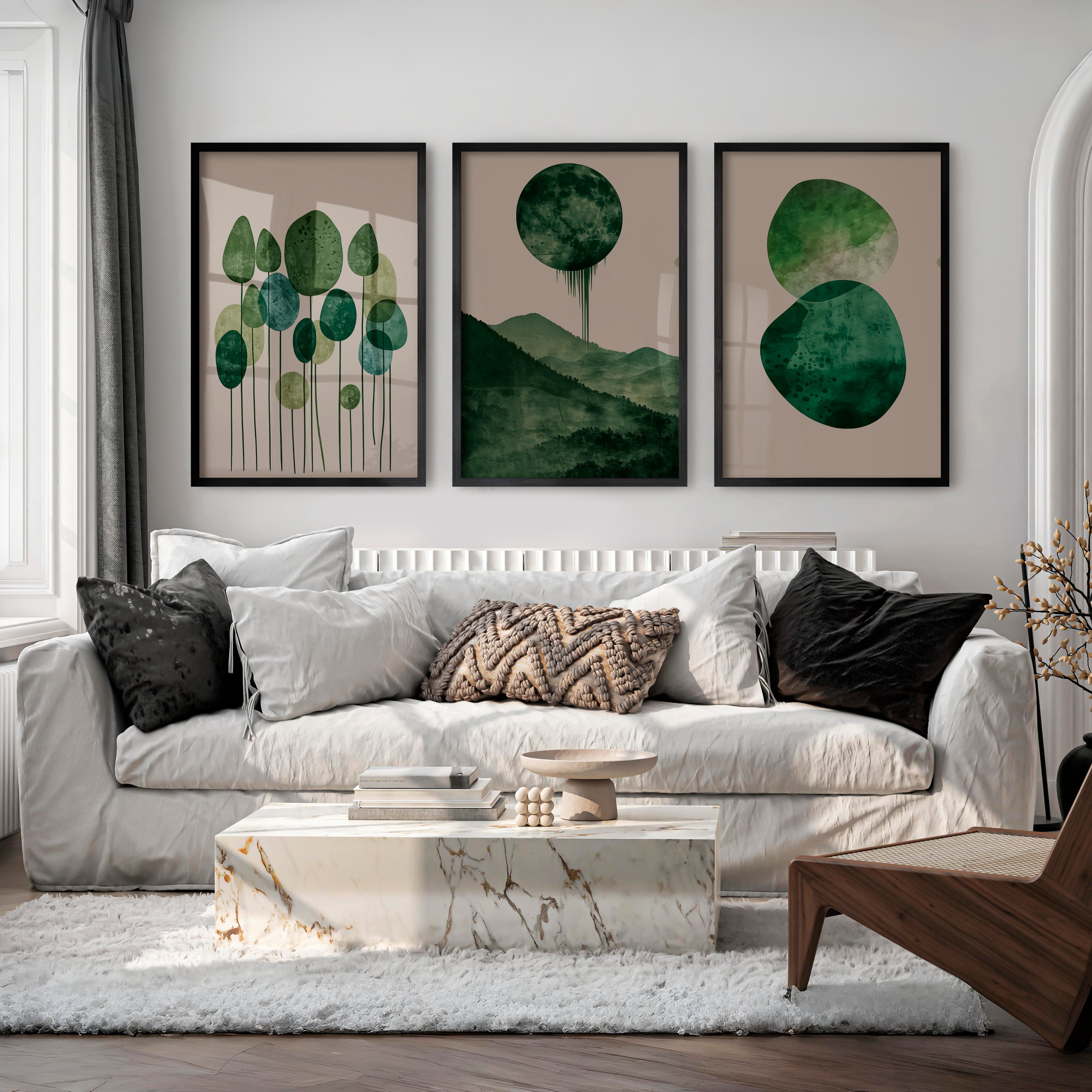 Green Moon Forest in japandi design style - Black Framed Poster No Border - Artworksets