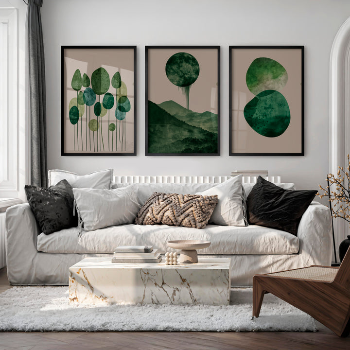 Green Moon Forest in japandi design style - Black Framed Poster No Border - Artworksets