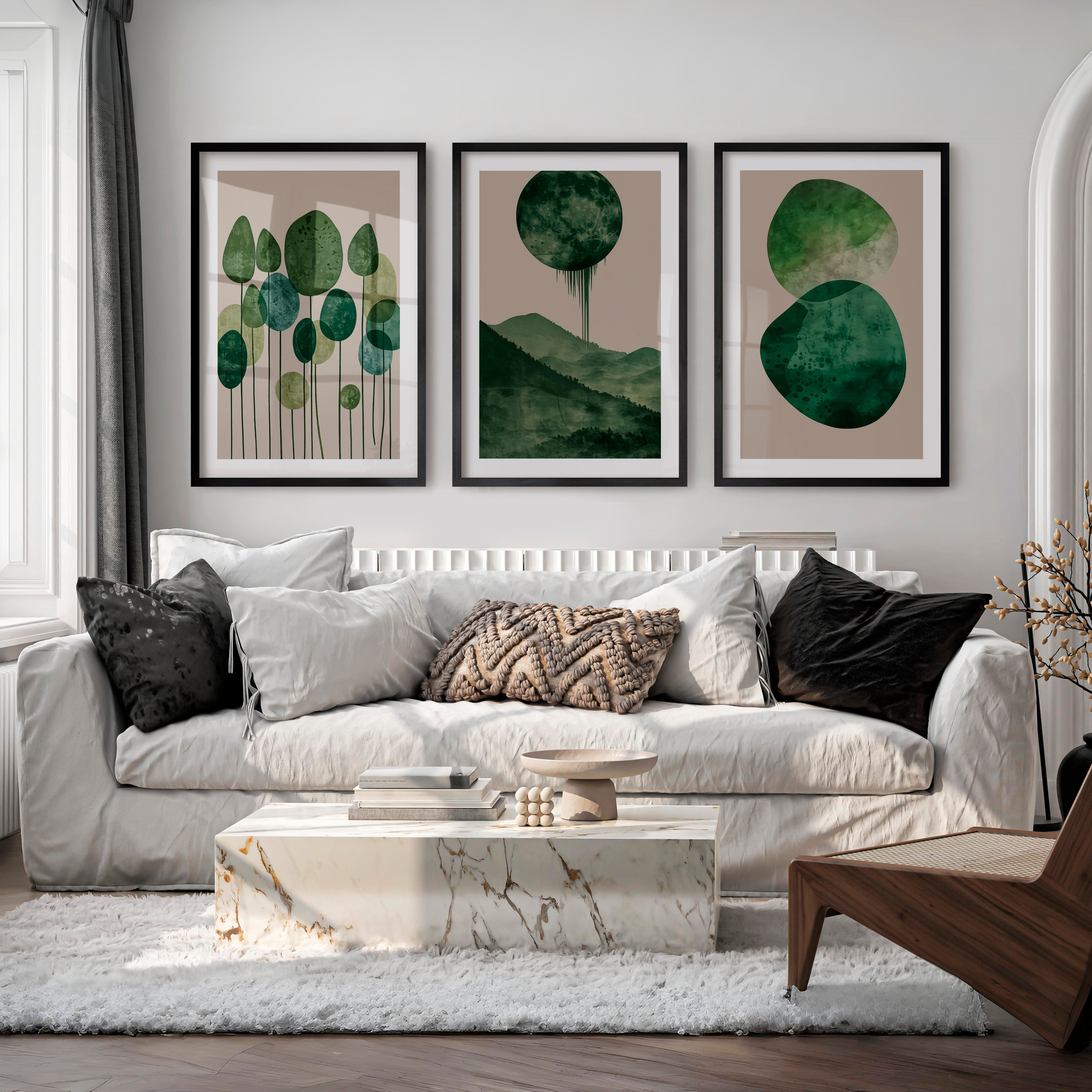 Green Moon Forest in japandi design style - Black Framed Poster with White Border - Artworksets