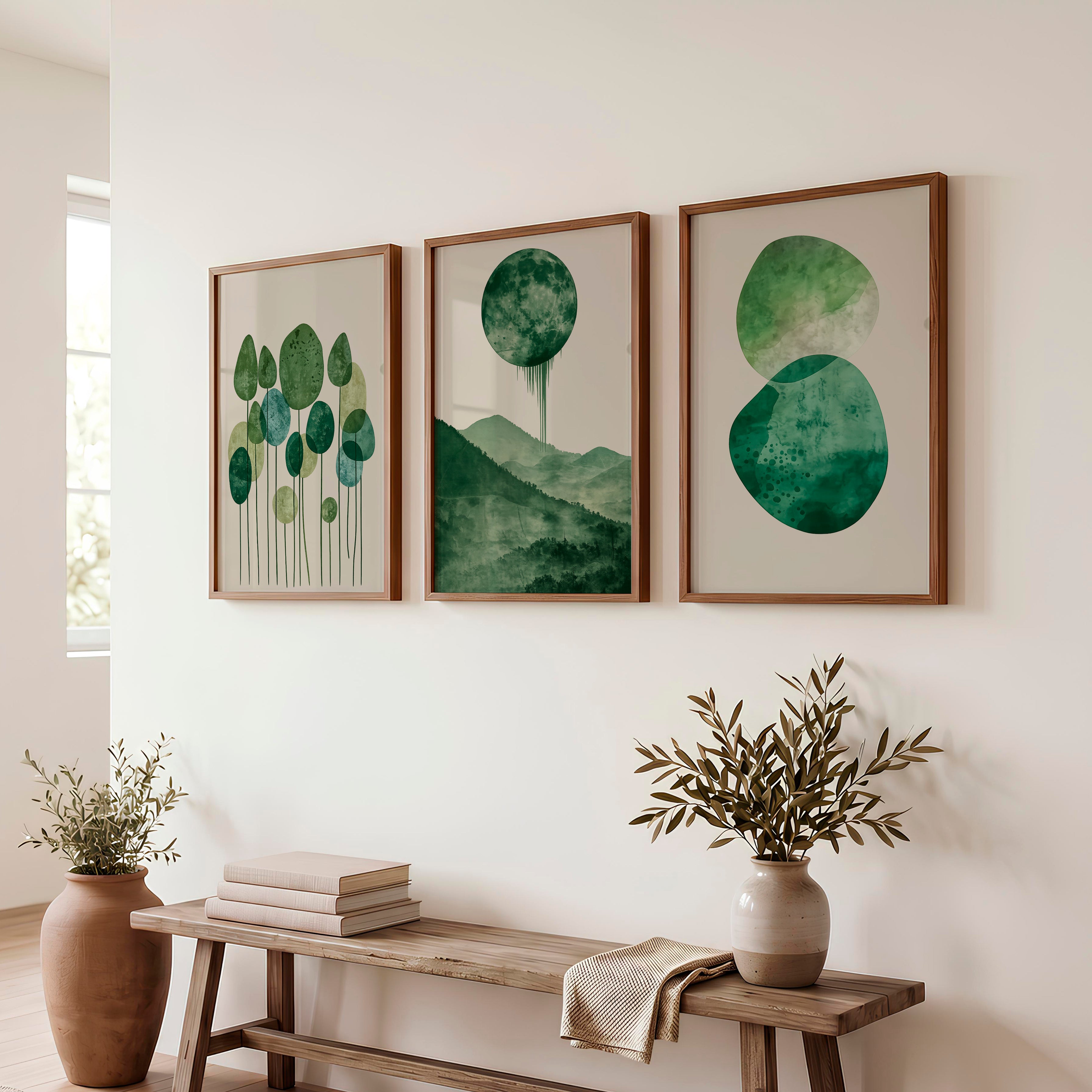 Green Moon Forest in japandi design style - Dark Brown Framed Poster No Border - Artworksets