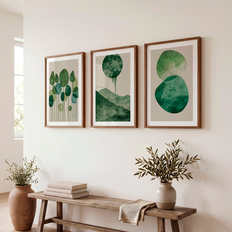 Green Moon Forest in japandi design style - Dark Brown Framed Poster with White Border - Artworksets