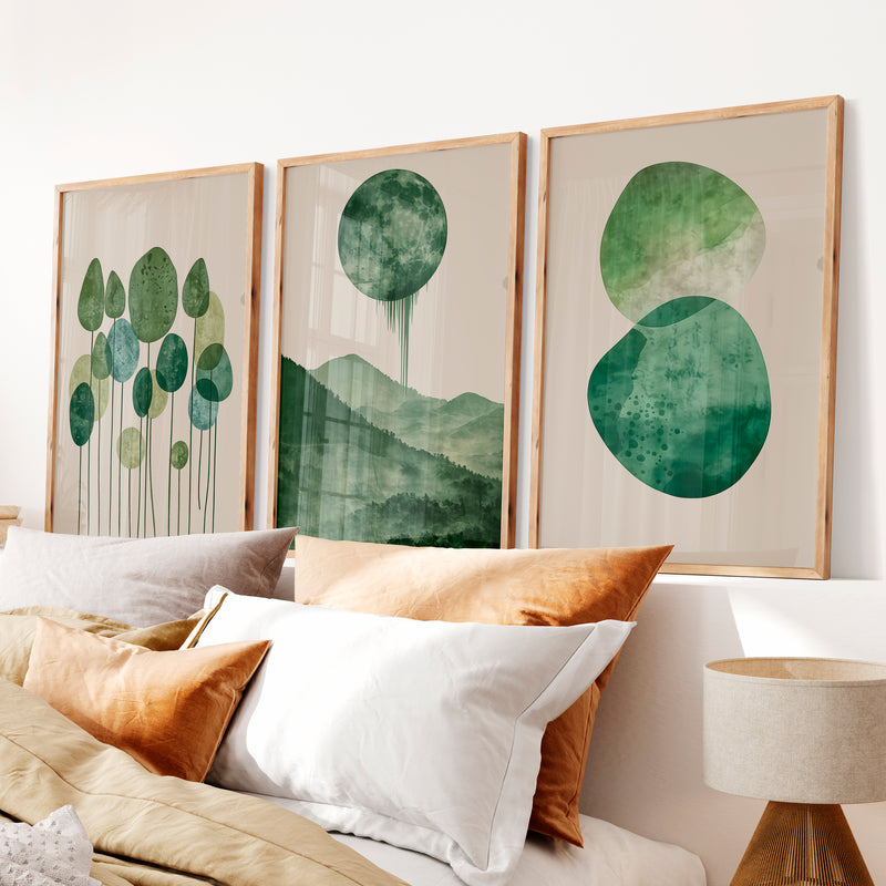 Green Moon Forest in japandi design style - Natural Wood Framed Poster No Border - Artworksets