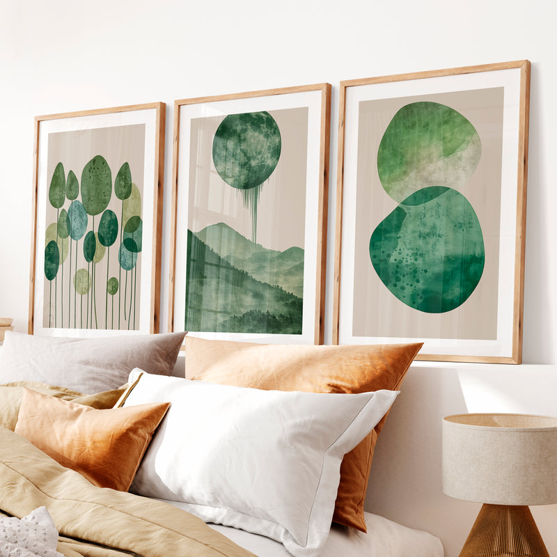 Green Moon Forest in japandi design style- Natural Wood Framed Poster with White Border - Artworksets