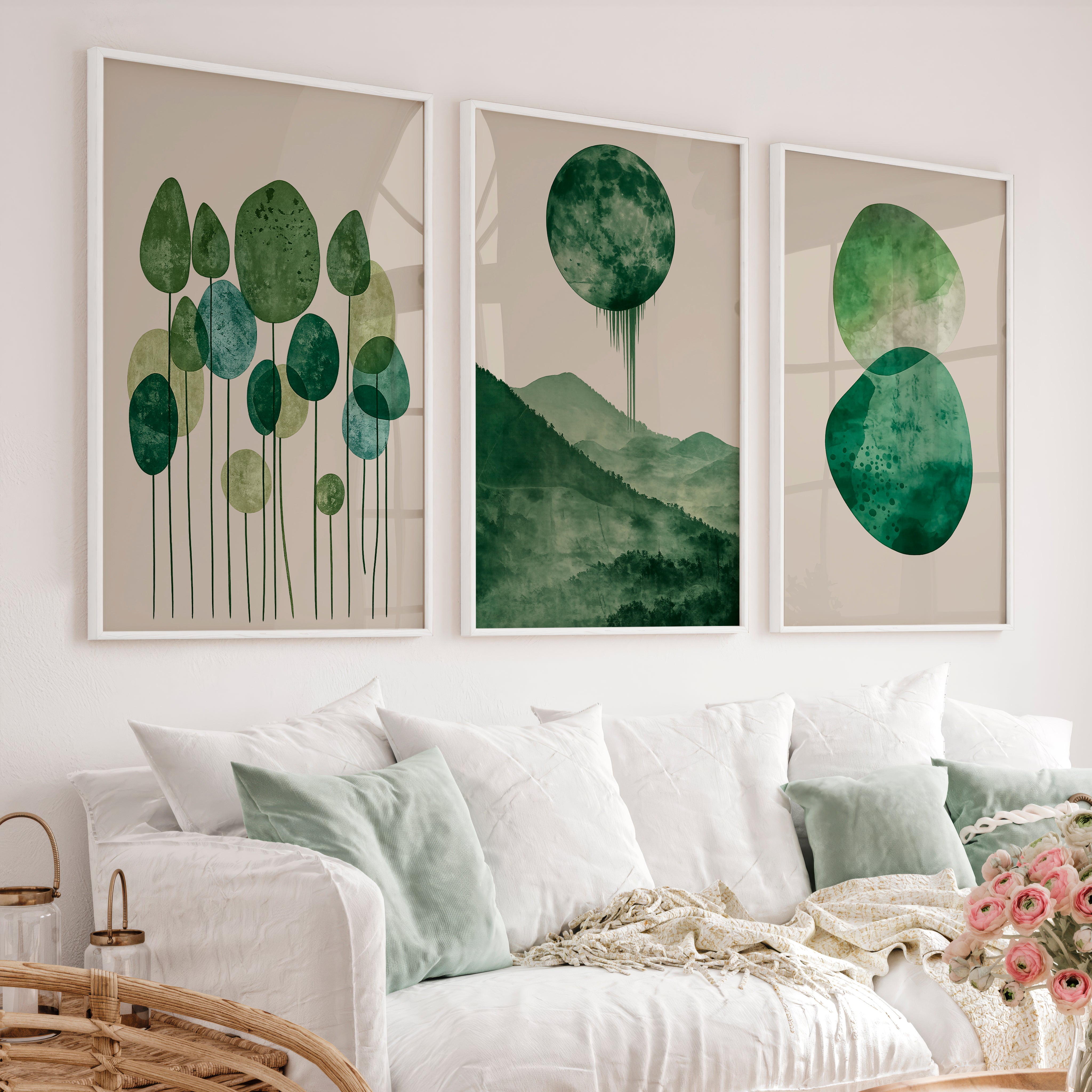 Green Moon Forest in japandi design style - White Framed Poster No Border - Artworksets