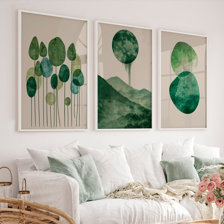 Green Moon Forest in japandi design style - White Framed Poster No Border - Artworksets