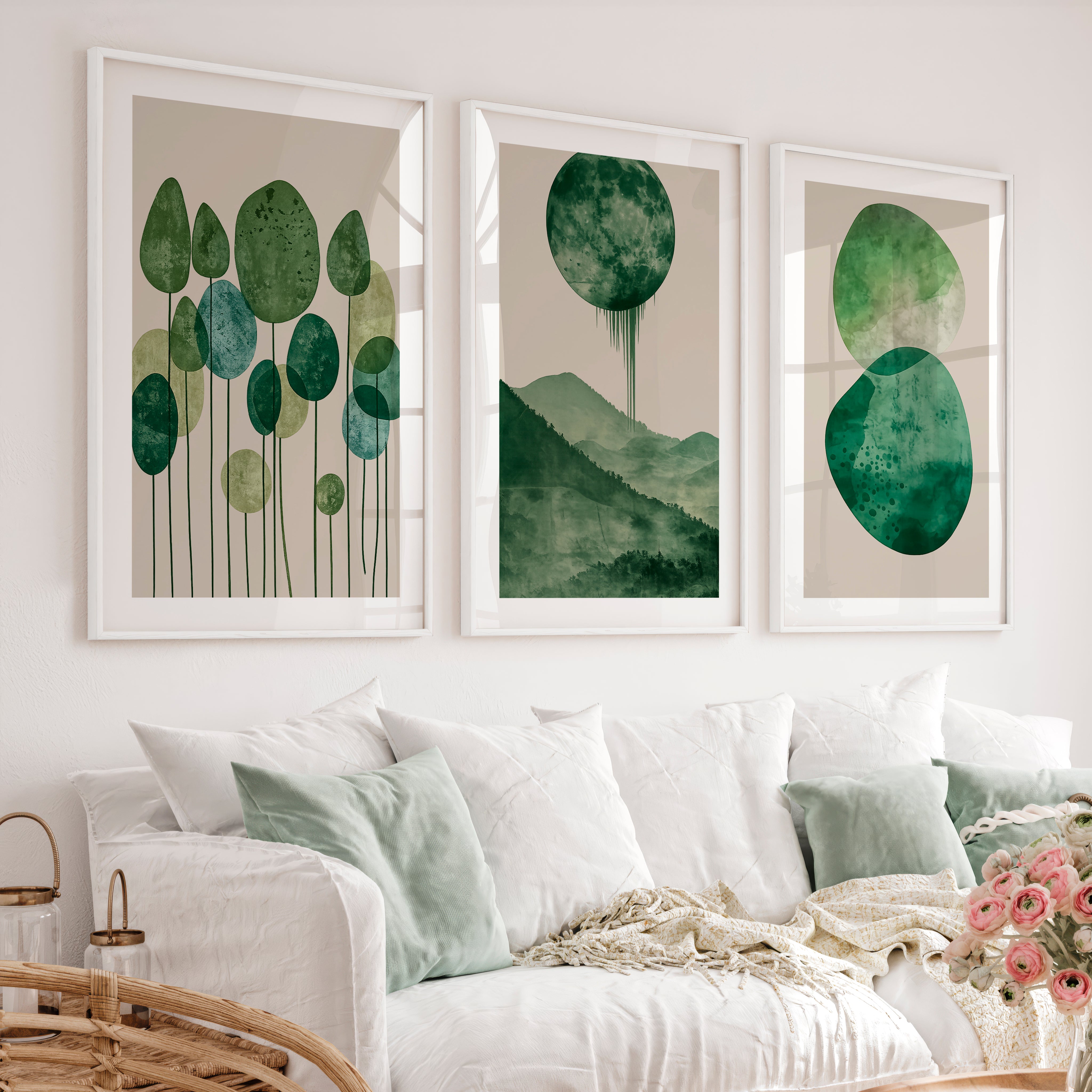 Green Moon Forest in japandi design style - White Framed Poster with White Border - Artworksets
