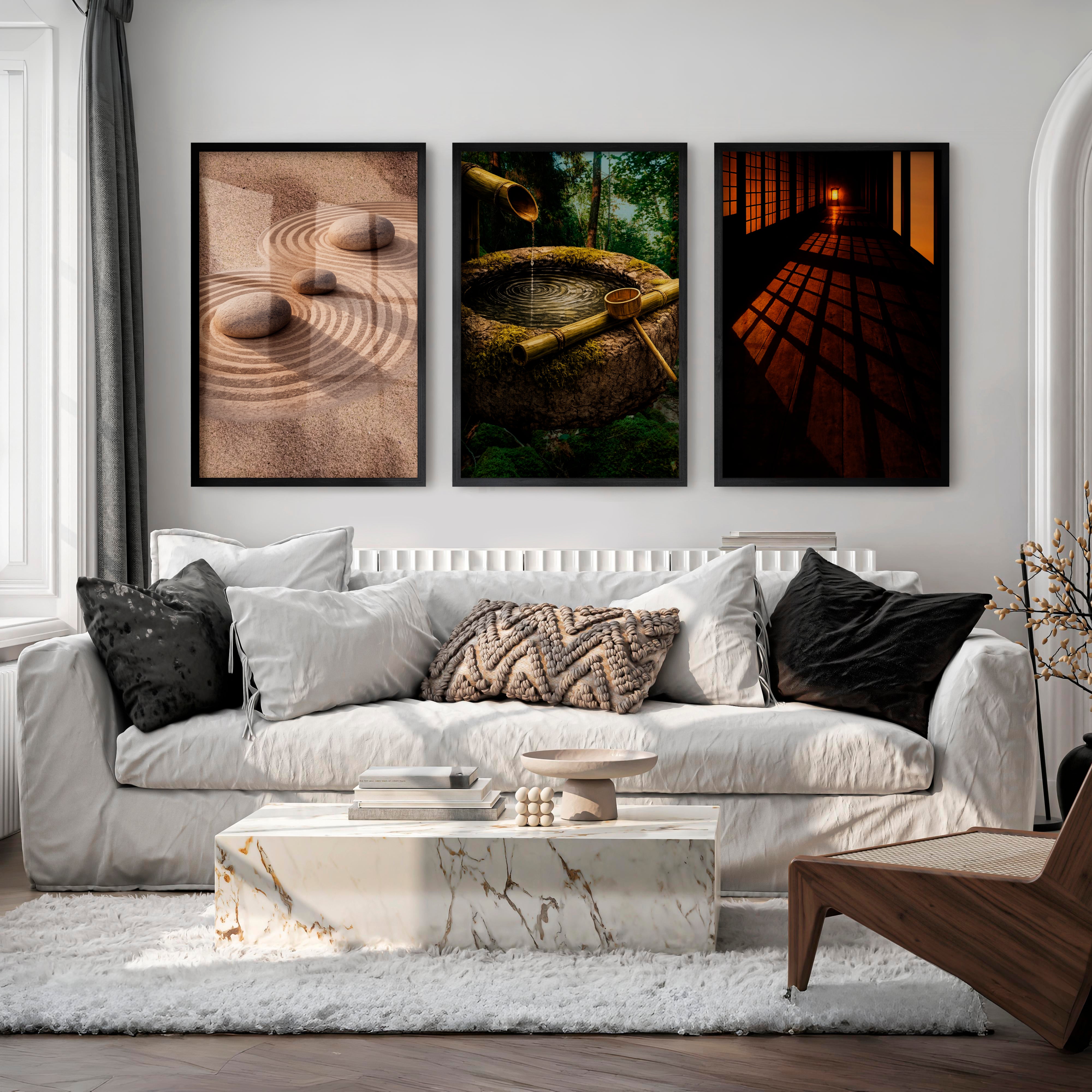 Zen Garden japandi design style Triptych - Black Framed Poster No Border - Artworksets