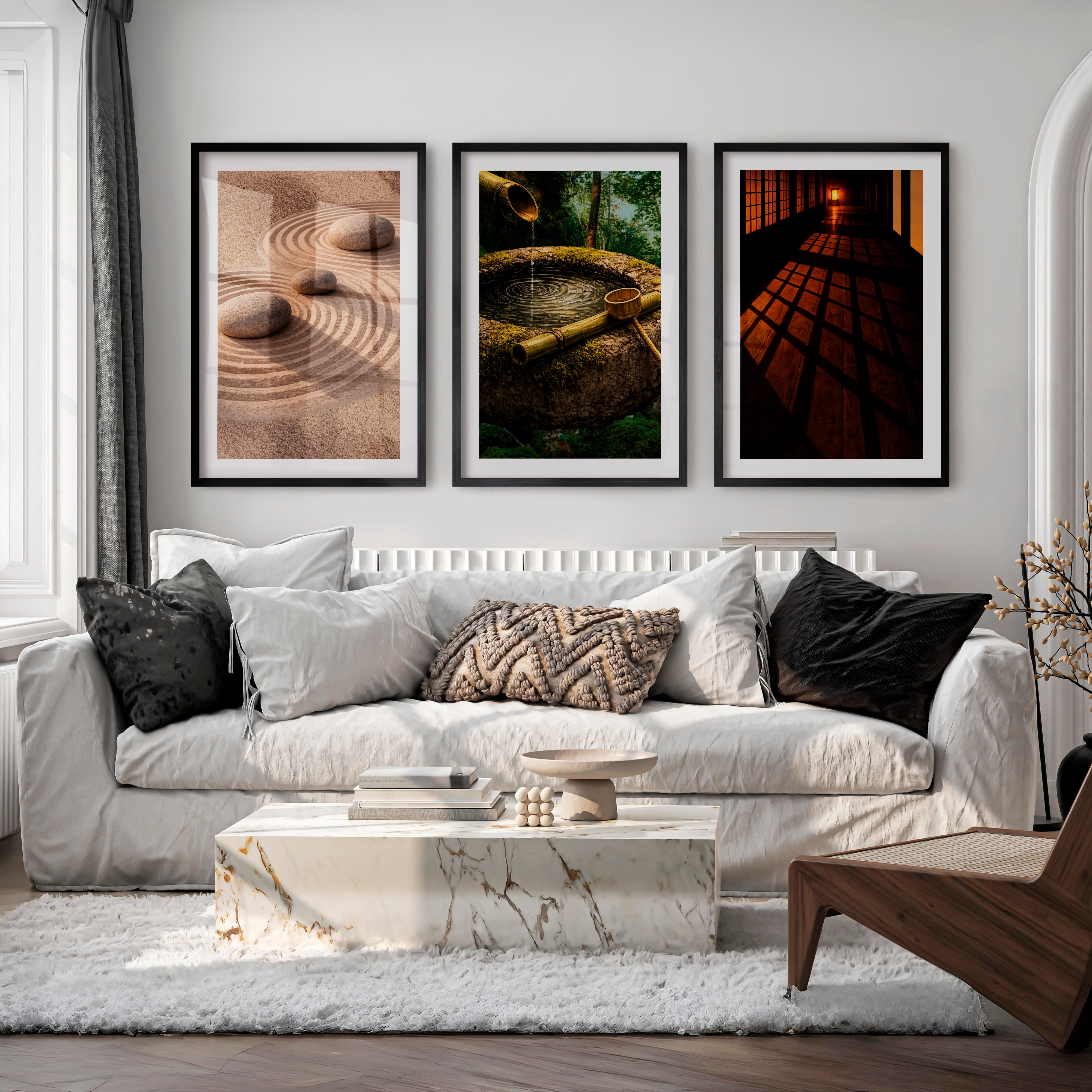 Zen Garden japandi design style Triptych - Black Framed Poster with White Border - Artworksets