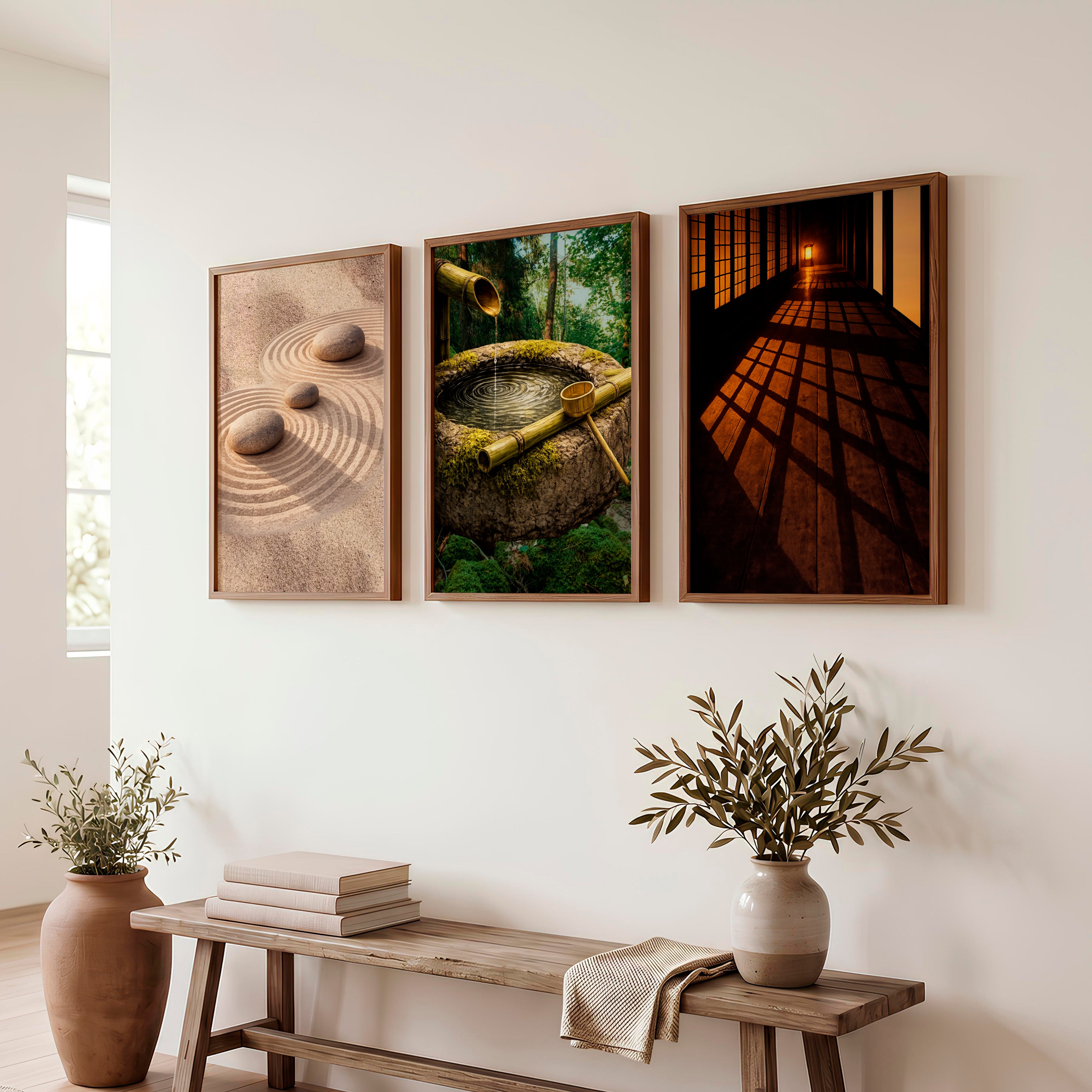 Zen Garden japandi design style Triptych - Dark Brown Framed Poster No Border - Artworksets