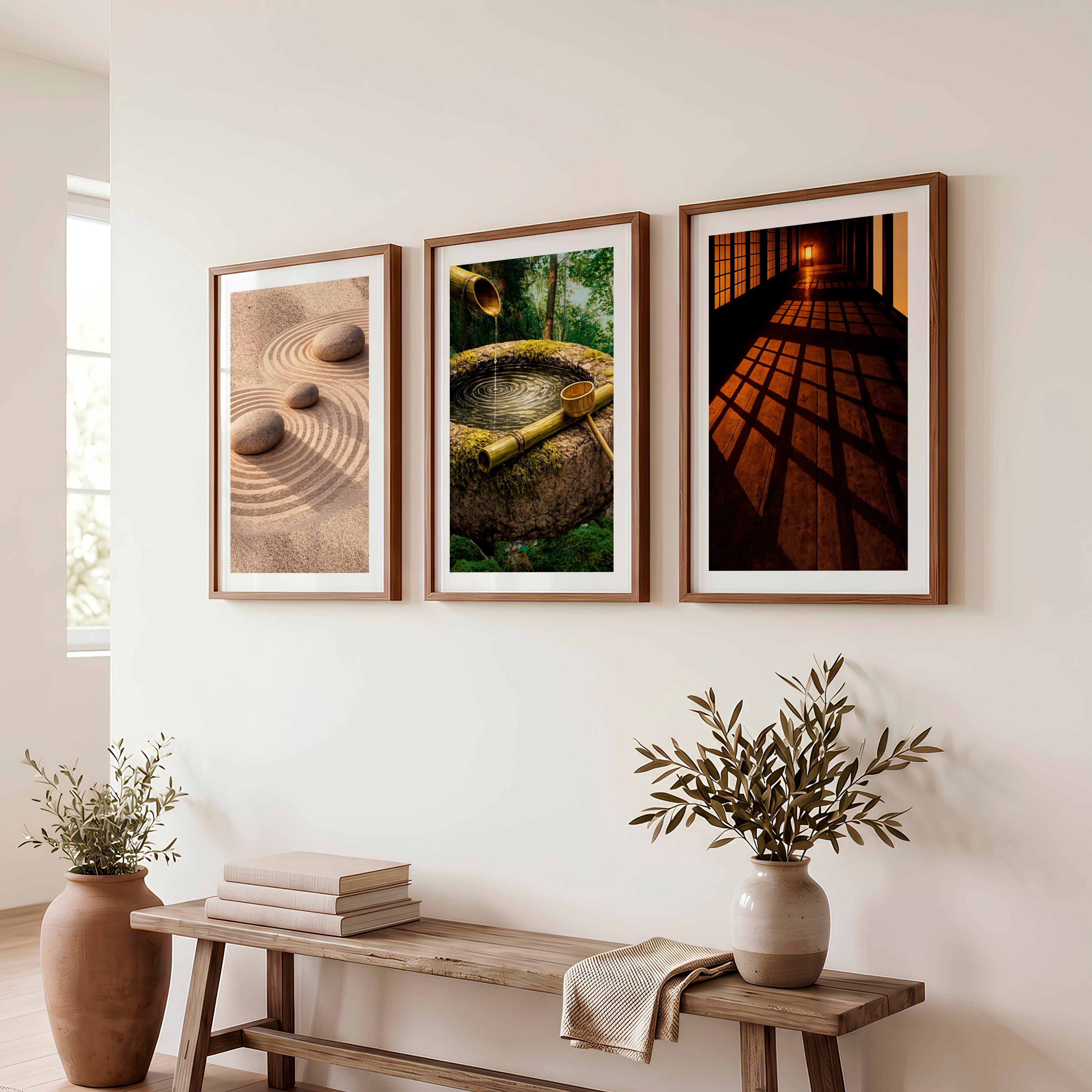 Zen Garden japandi design style Triptych - Dark Brown Framed Poster with White Border - Artworksets