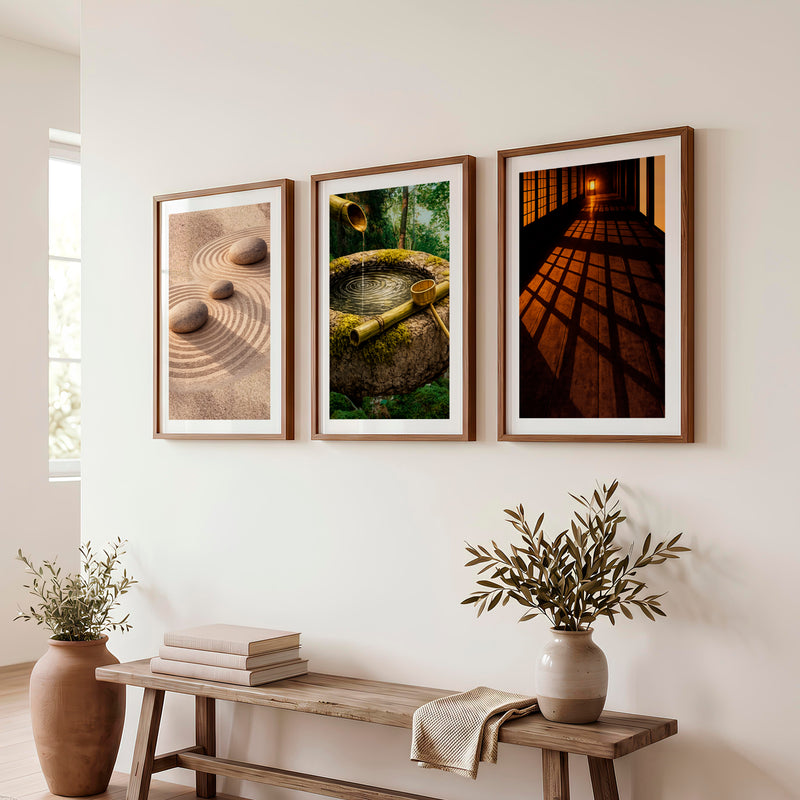 Zen Garden japandi design style Triptych - Dark Brown Framed Poster with White Border - Artworksets