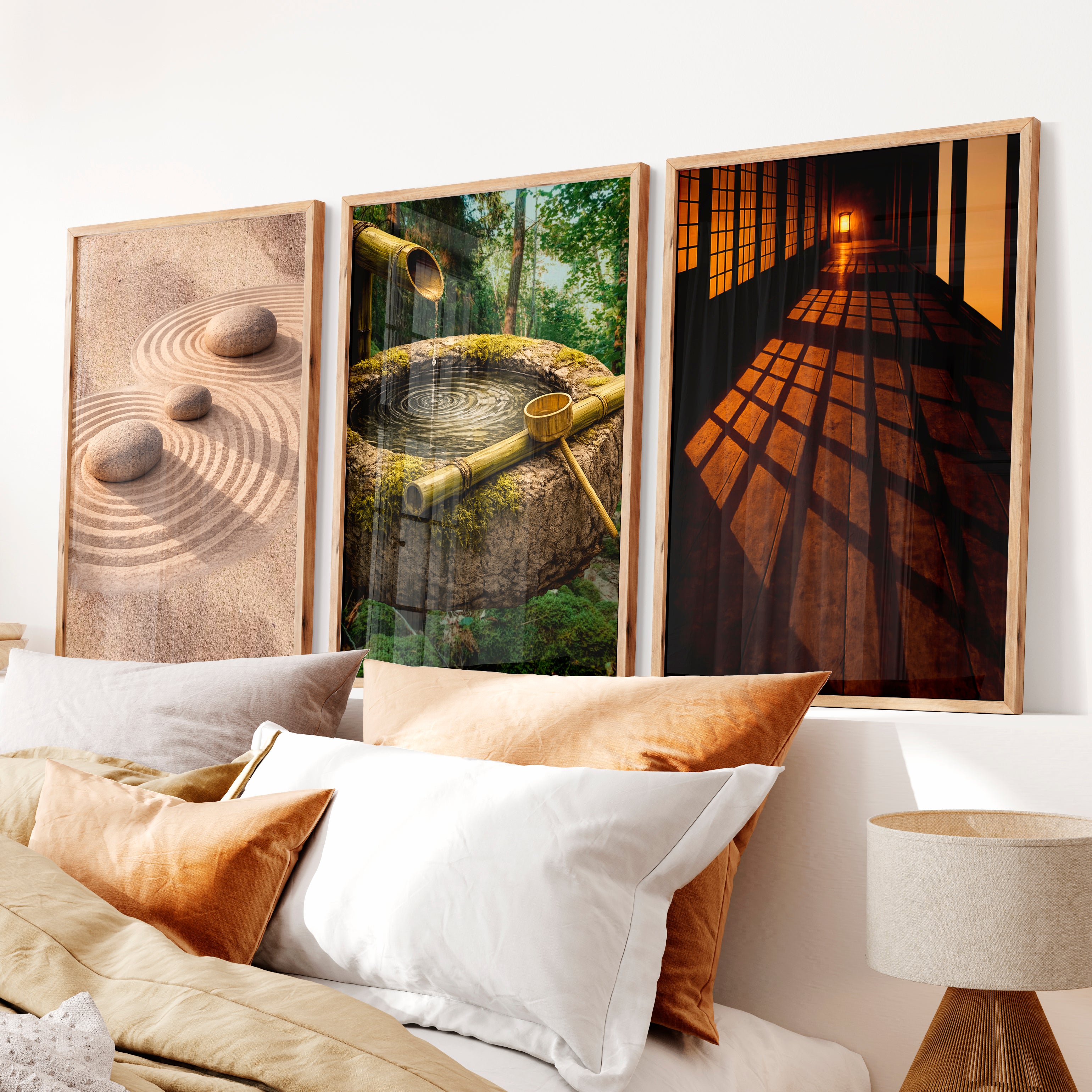 Zen Garden japandi design style Triptych - Natural Wood Framed Poster No Border - Artworksets