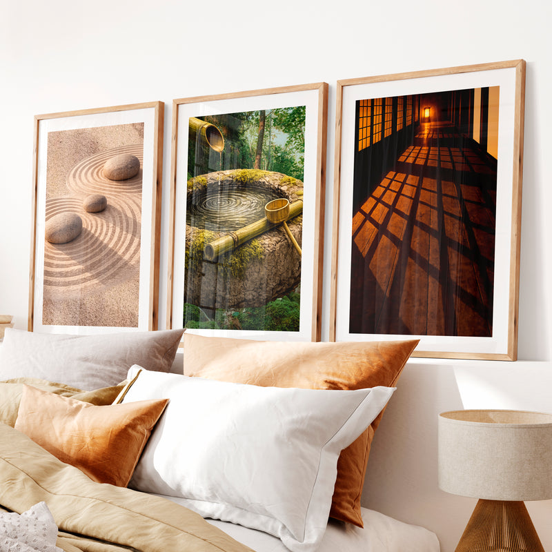 Zen Garden japandi design style Triptych- Natural Wood Framed Poster with White Border - Artworksets