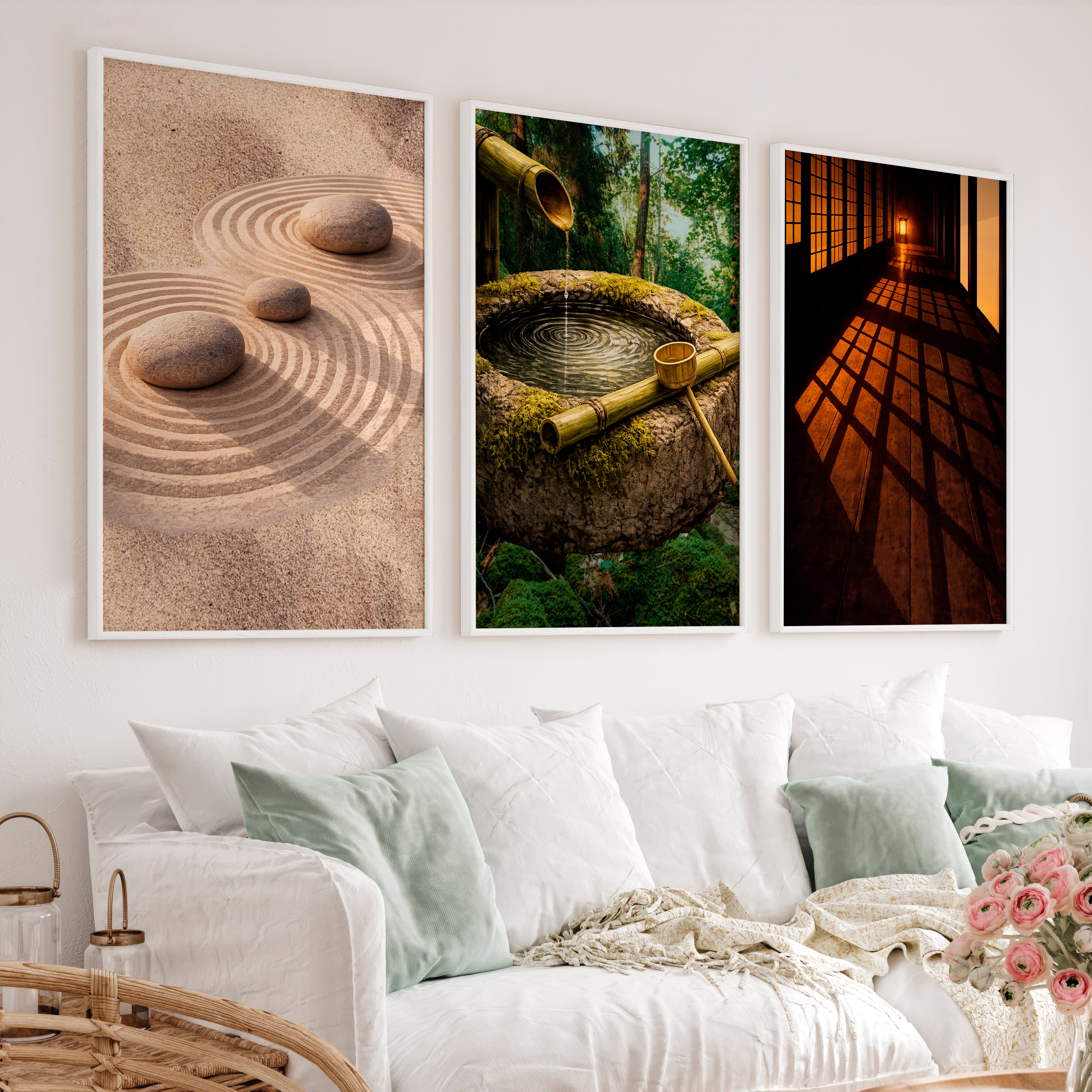 Zen Garden japandi design style Triptych - White Framed Poster No Border - Artworksets