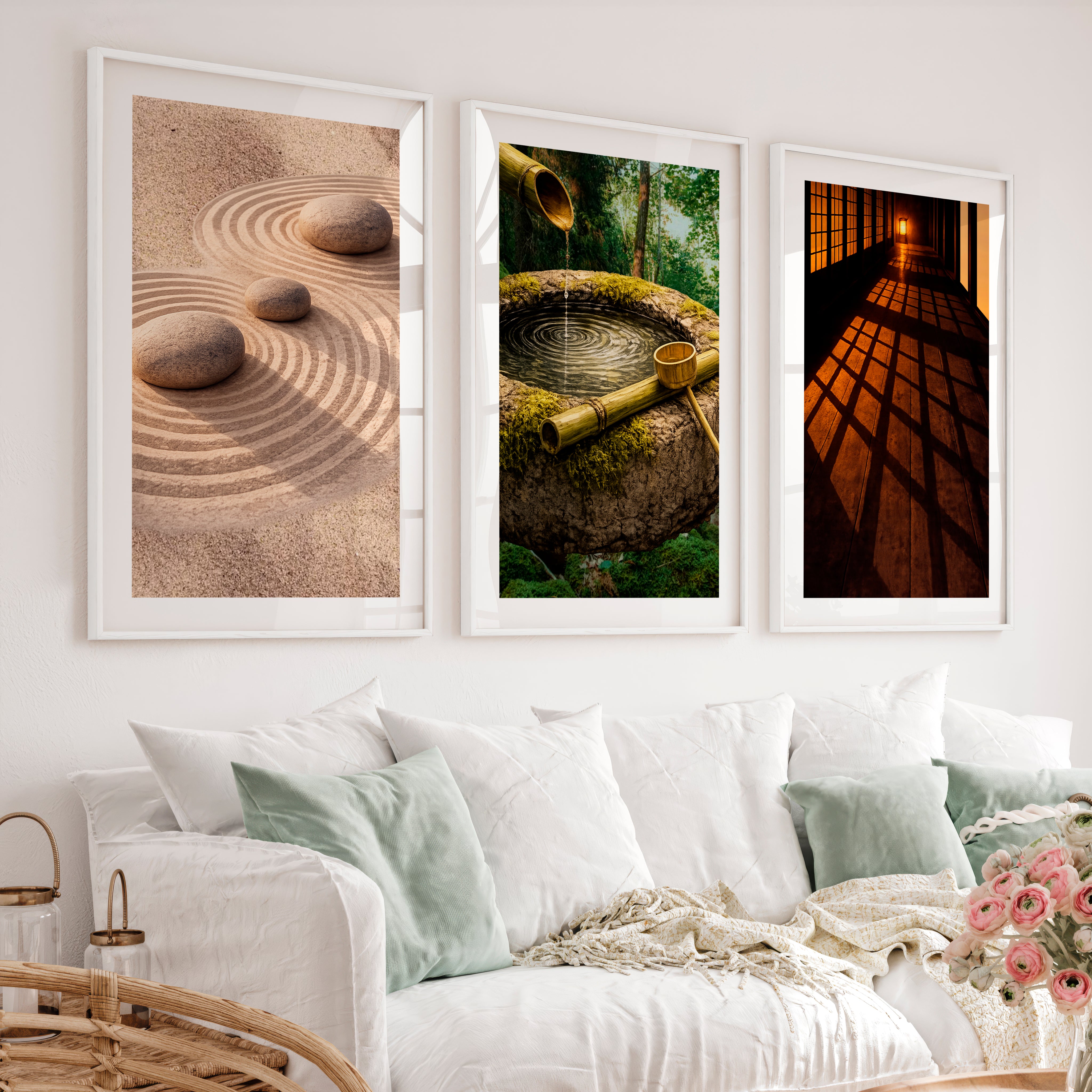 Zen Garden japandi design style Triptych - White Framed Poster with White Border - Artworksets