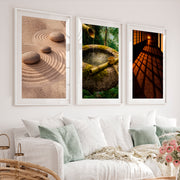 Zen Garden japandi design style Triptych - White Framed Poster with White Border - Artworksets