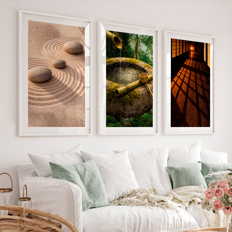 Zen Garden japandi design style Triptych - White Framed Poster with White Border - Artworksets
