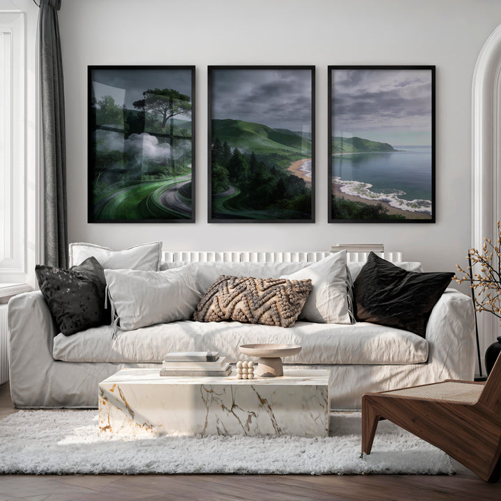 Coastal Green Roadscape for japandi home decor - Black Framed Poster No Border - Artworksets