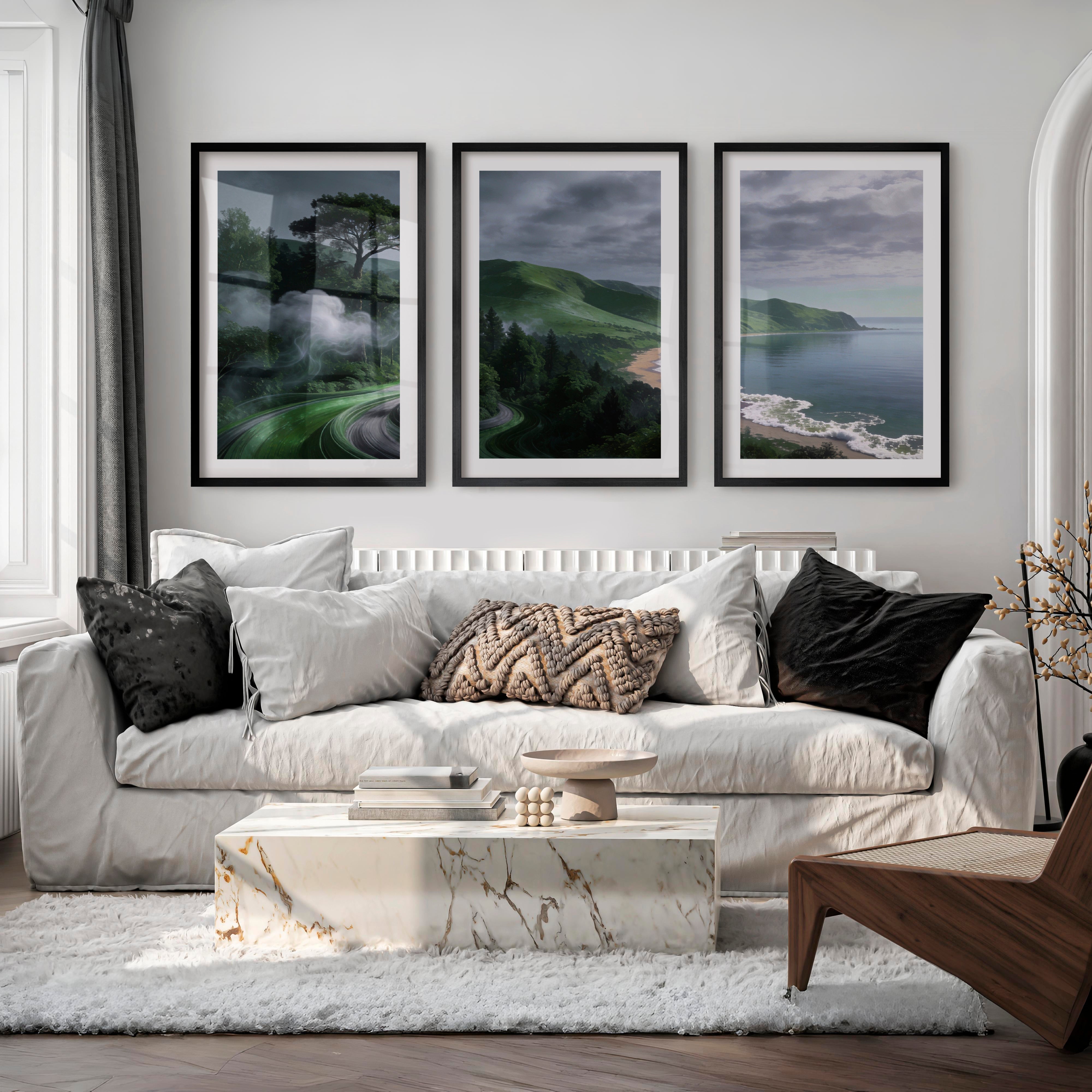 Coastal Green Roadscape for japandi home decor - Black Framed Poster with White Border - Artworksets