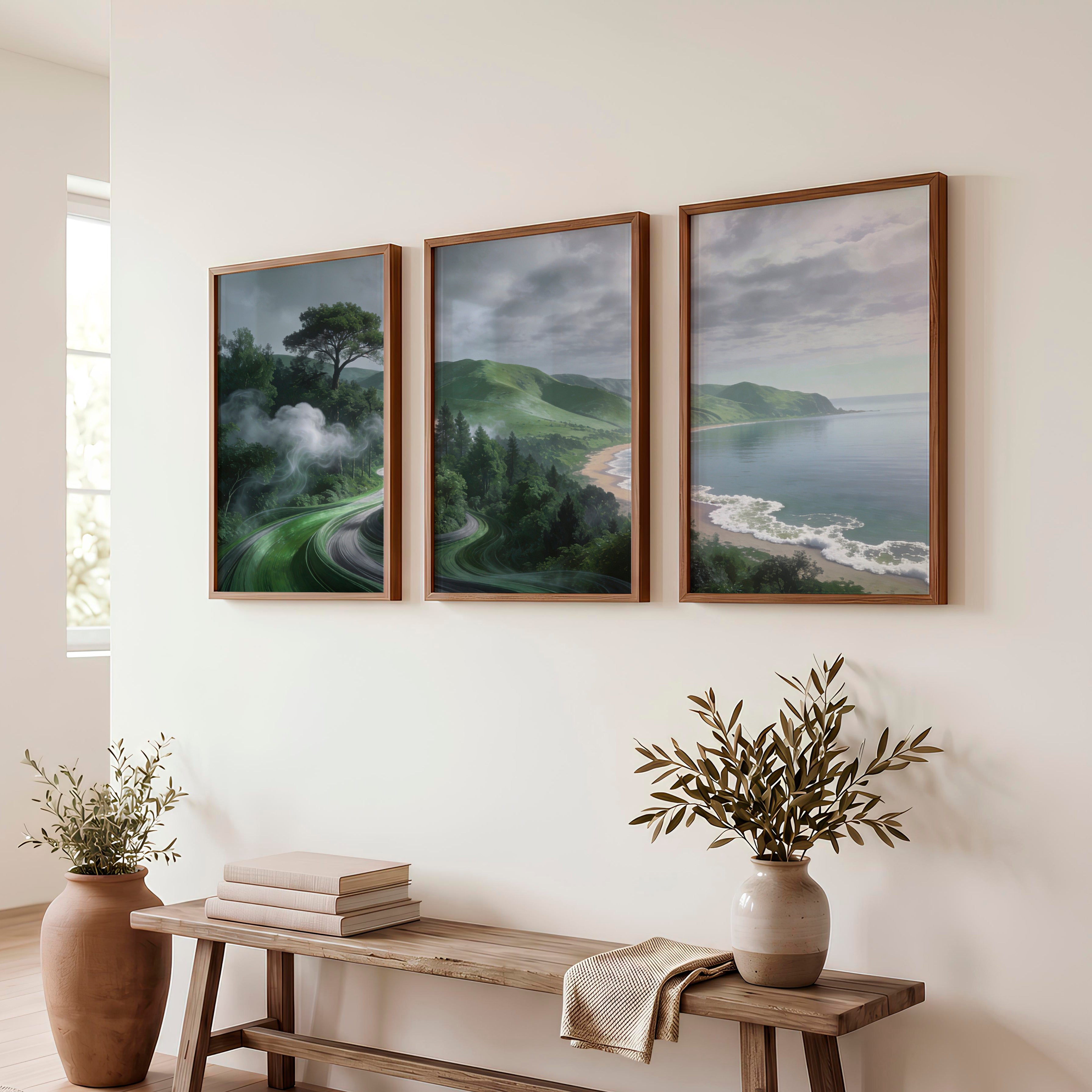 Coastal Green Roadscape for japandi home decor - Dark Brown Framed Poster No Border - Artworksets