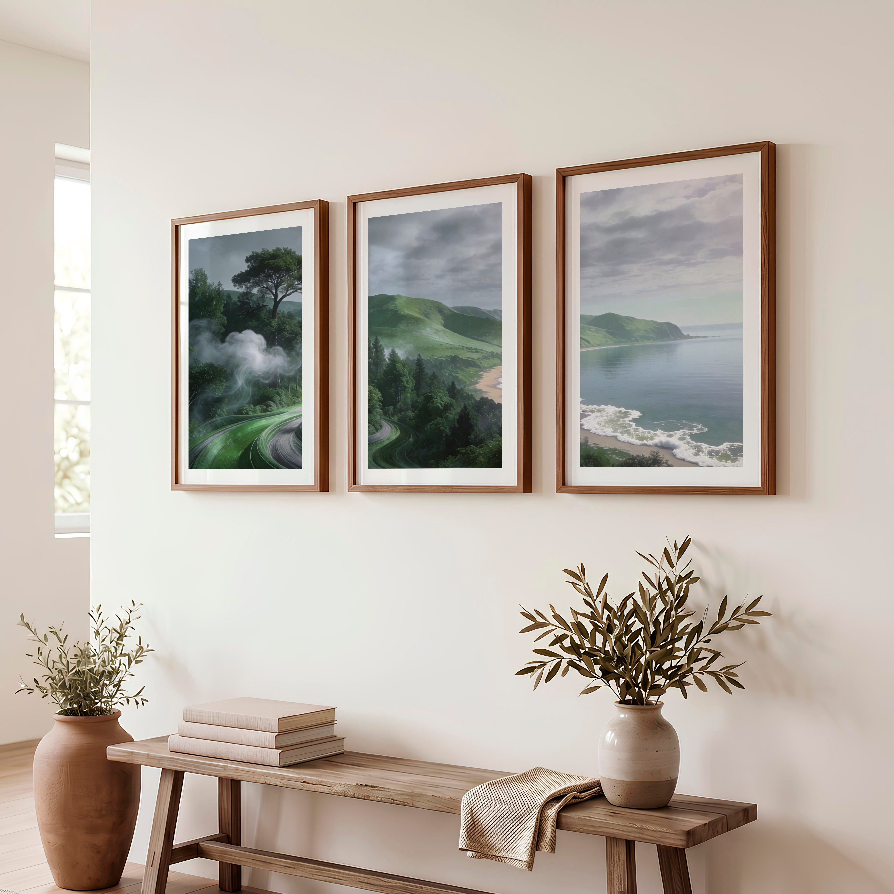 Coastal Green Roadscape for japandi home decor - Dark Brown Framed Poster with White Border - Artworksets