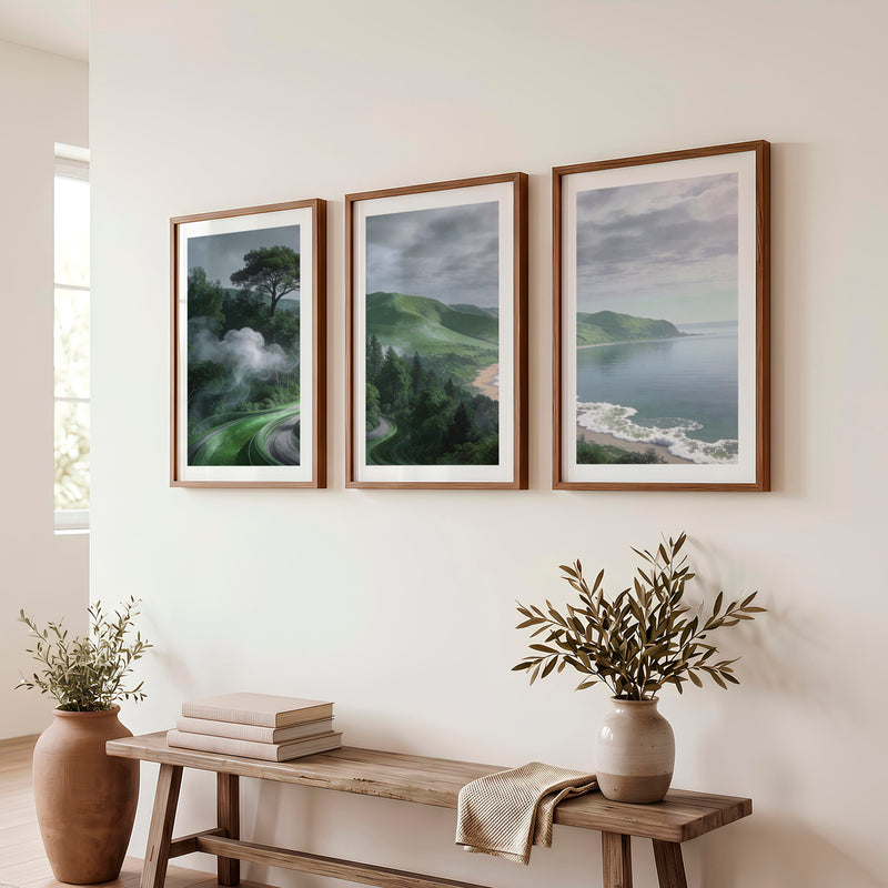 Coastal Green Roadscape for japandi home decor - Dark Brown Framed Poster with White Border - Artworksets