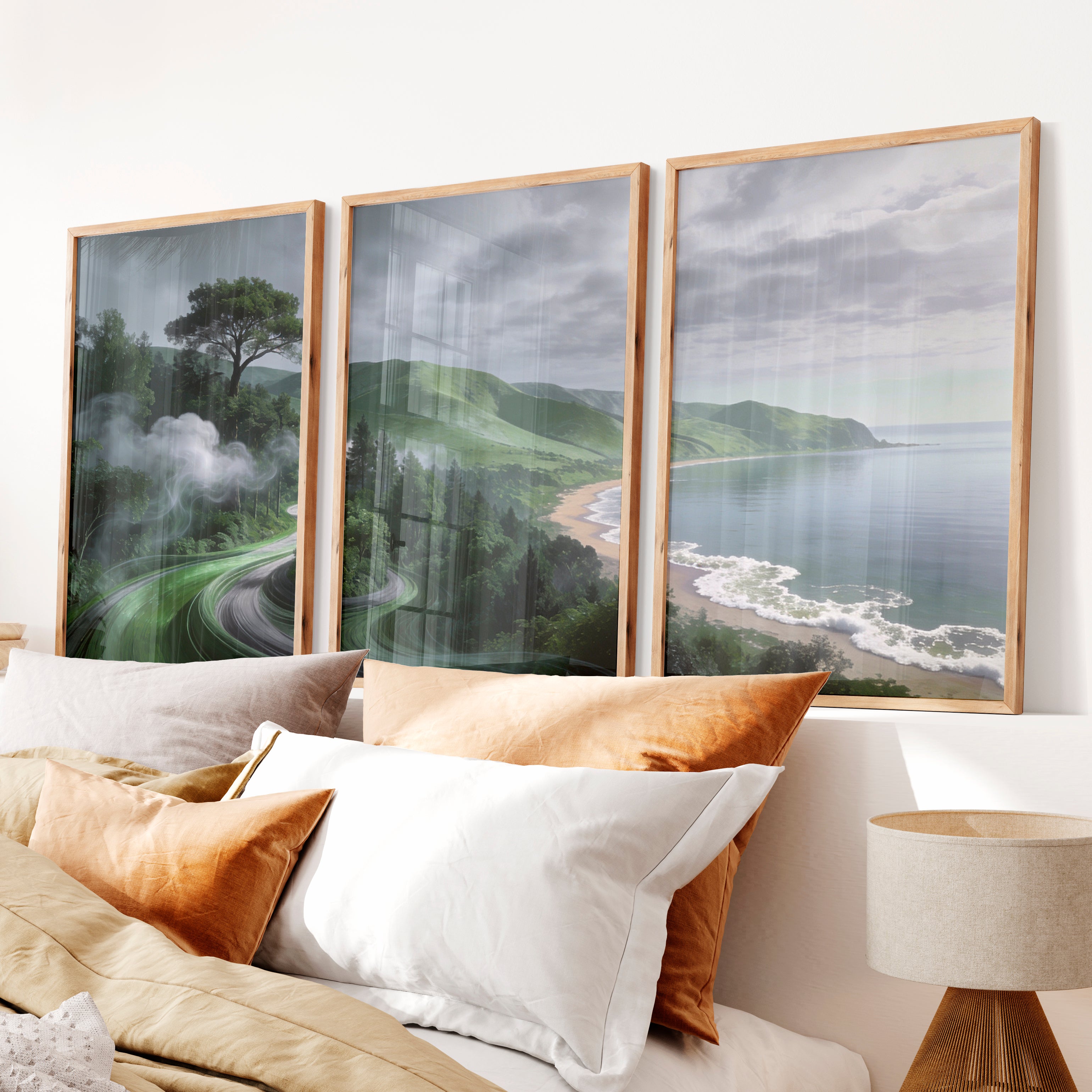 Coastal Green Roadscape for japandi home decor - Natural Wood Framed Poster No Border - Artworksets
