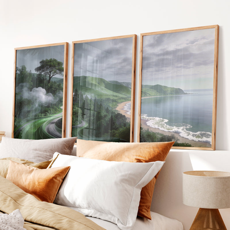 Coastal Green Roadscape for japandi home decor - Natural Wood Framed Poster No Border - Artworksets