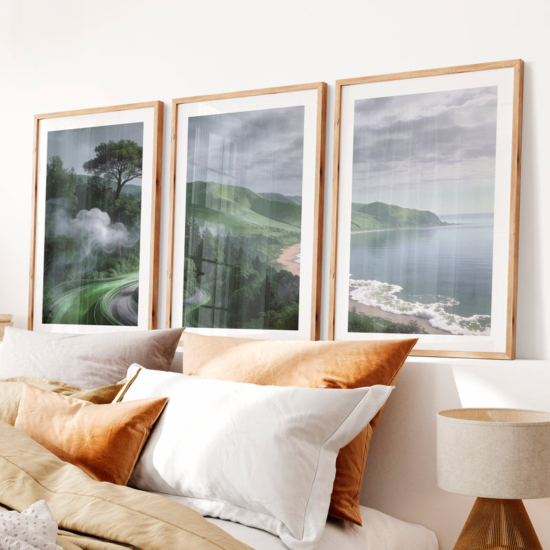 Coastal Green Roadscape for japandi home decor- Natural Wood Framed Poster with White Border - Artworksets