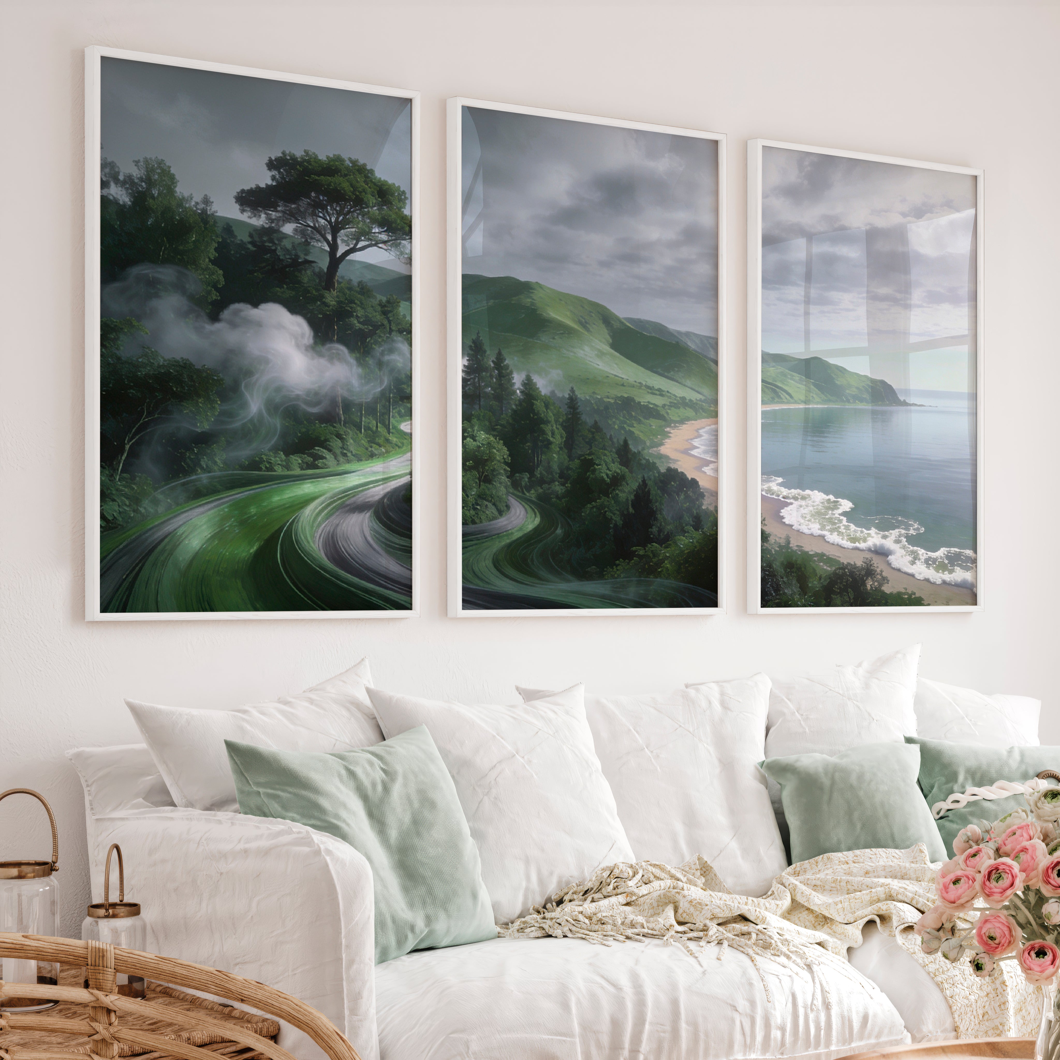 Coastal Green Roadscape for japandi home decor - White Framed Poster No Border - Artworksets