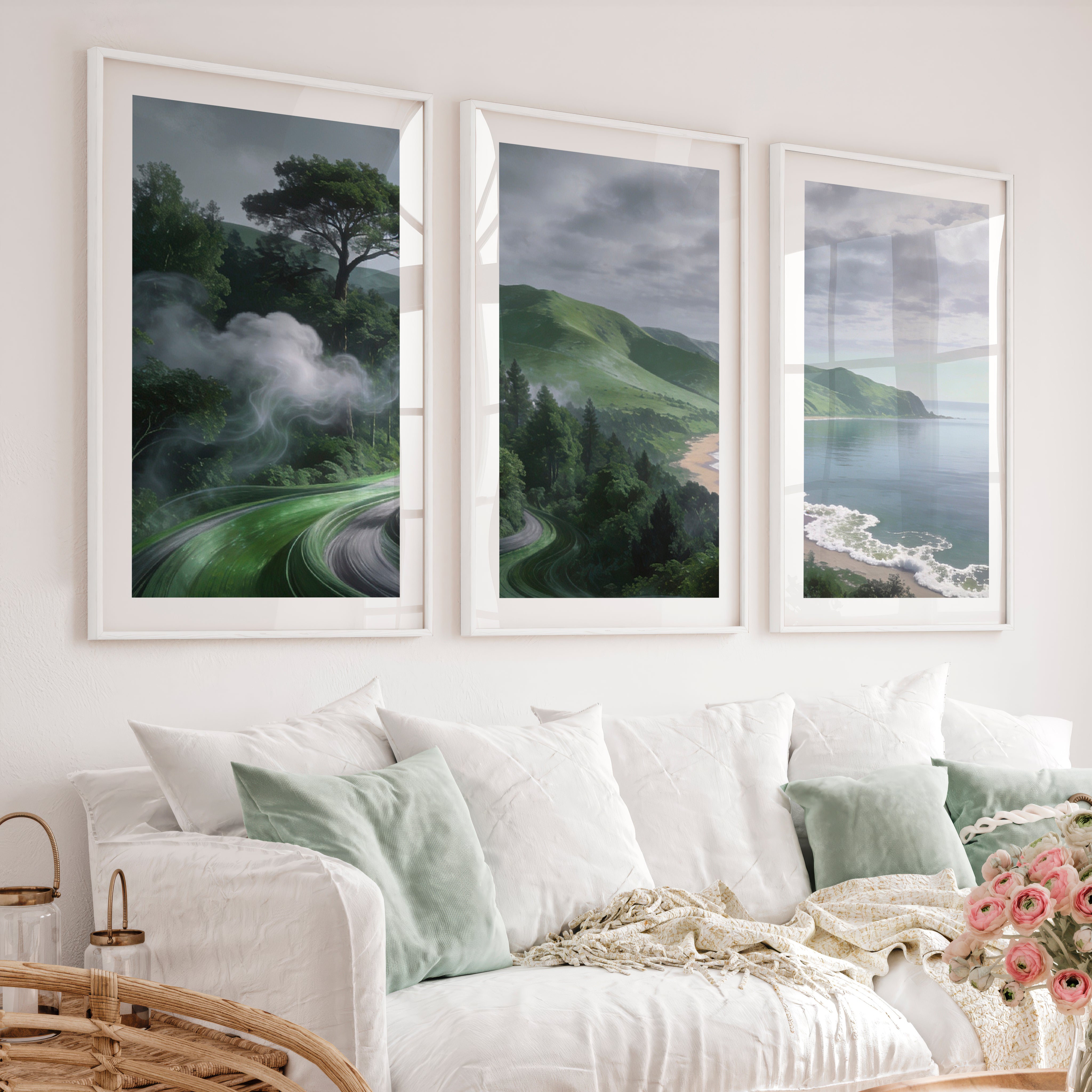 Coastal Green Roadscape for japandi home decor - White Framed Poster with White Border - Artworksets