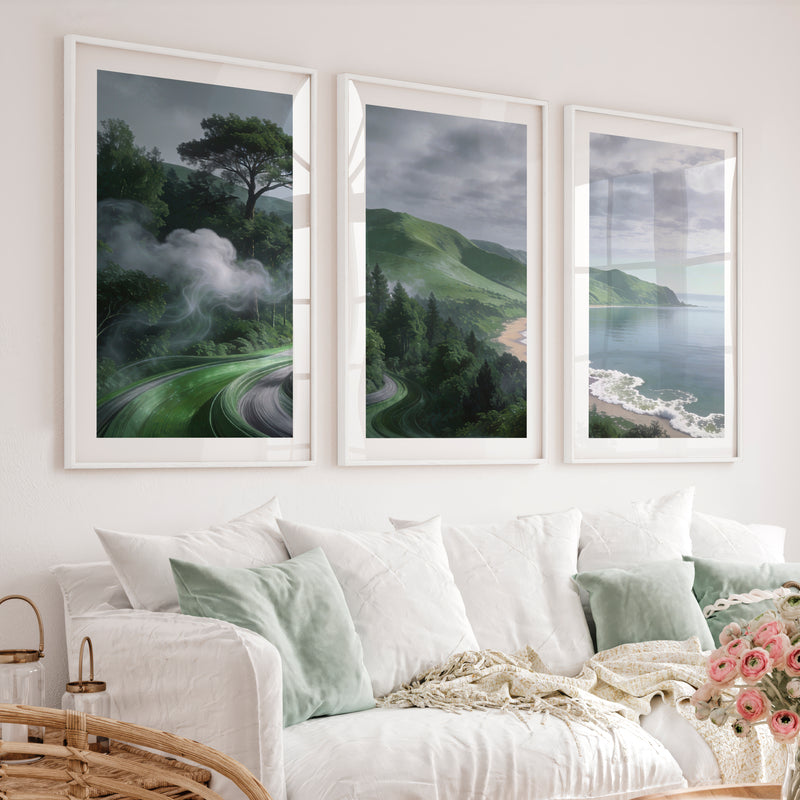 Coastal Green Roadscape for japandi home decor - White Framed Poster with White Border - Artworksets