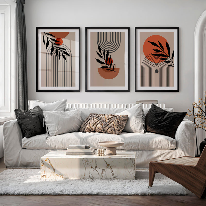 Botanical Arch Panels for japandi home decor - Black Framed Poster with White Border - Artworksets