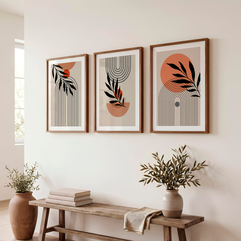 Botanical Arch Panels for japandi home decor - Dark Brown Framed Poster with White Border - Artworksets