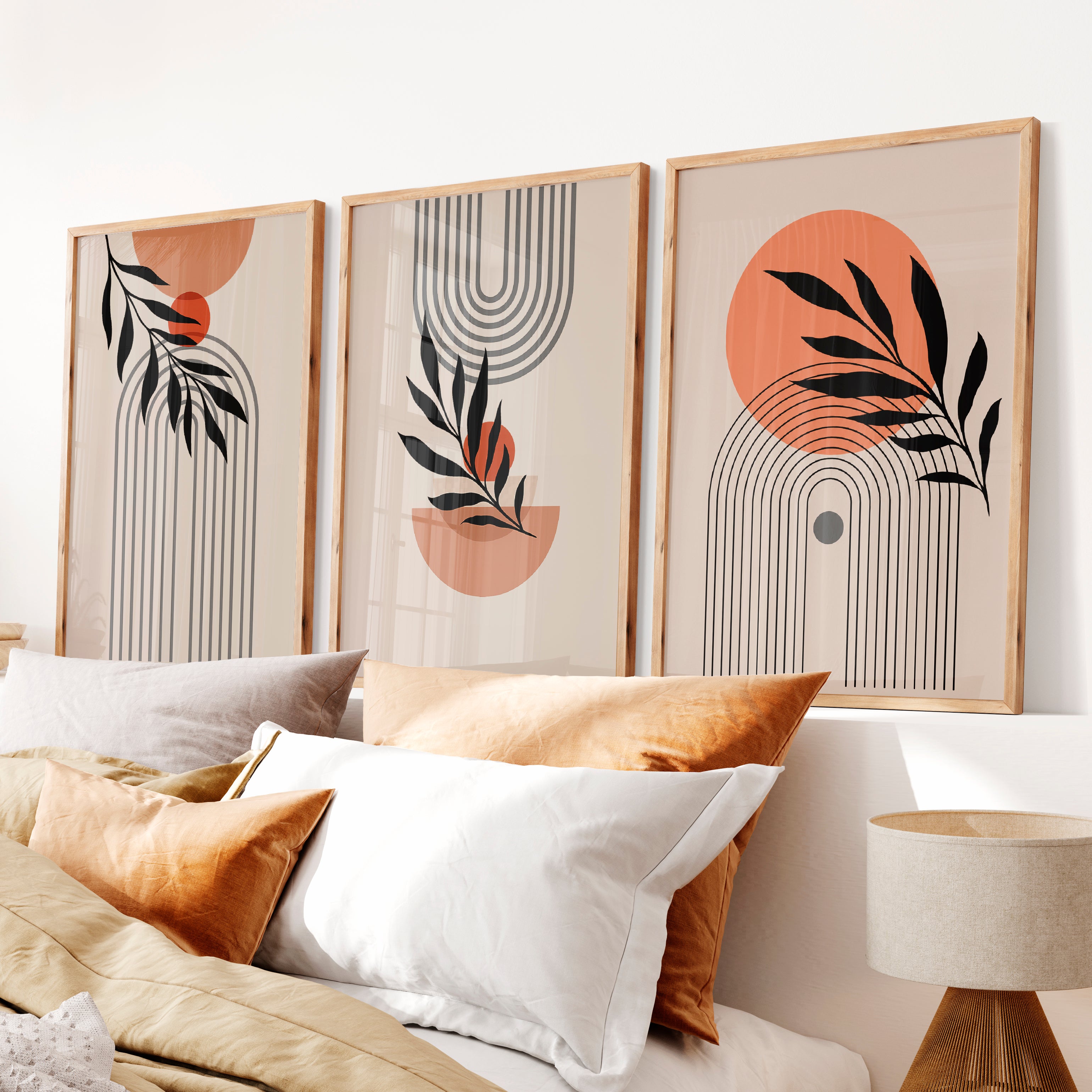 Botanical Arch Panels for japandi home decor - Natural Wood Framed Poster No Border - Artworksets