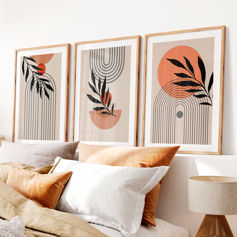 Botanical Arch Panels for japandi home decor- Natural Wood Framed Poster with White Border - Artworksets