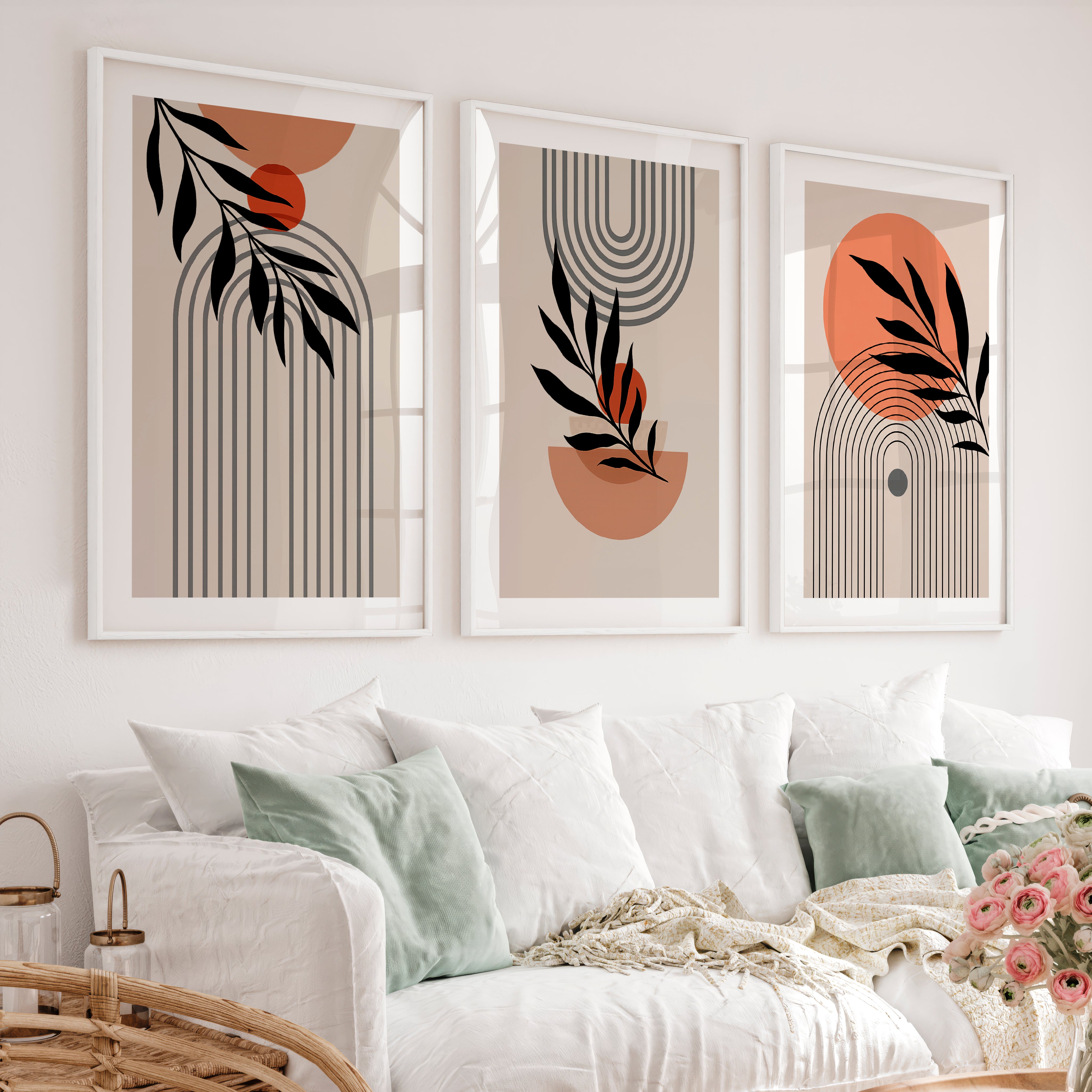 Botanical Arch Panels for japandi home decor - White Framed Poster with White Border - Artworksets
