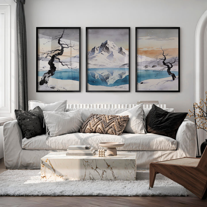 Snowy Mountain Lake in Japandi Home Decor - Black Framed Poster No Border - Artworksets